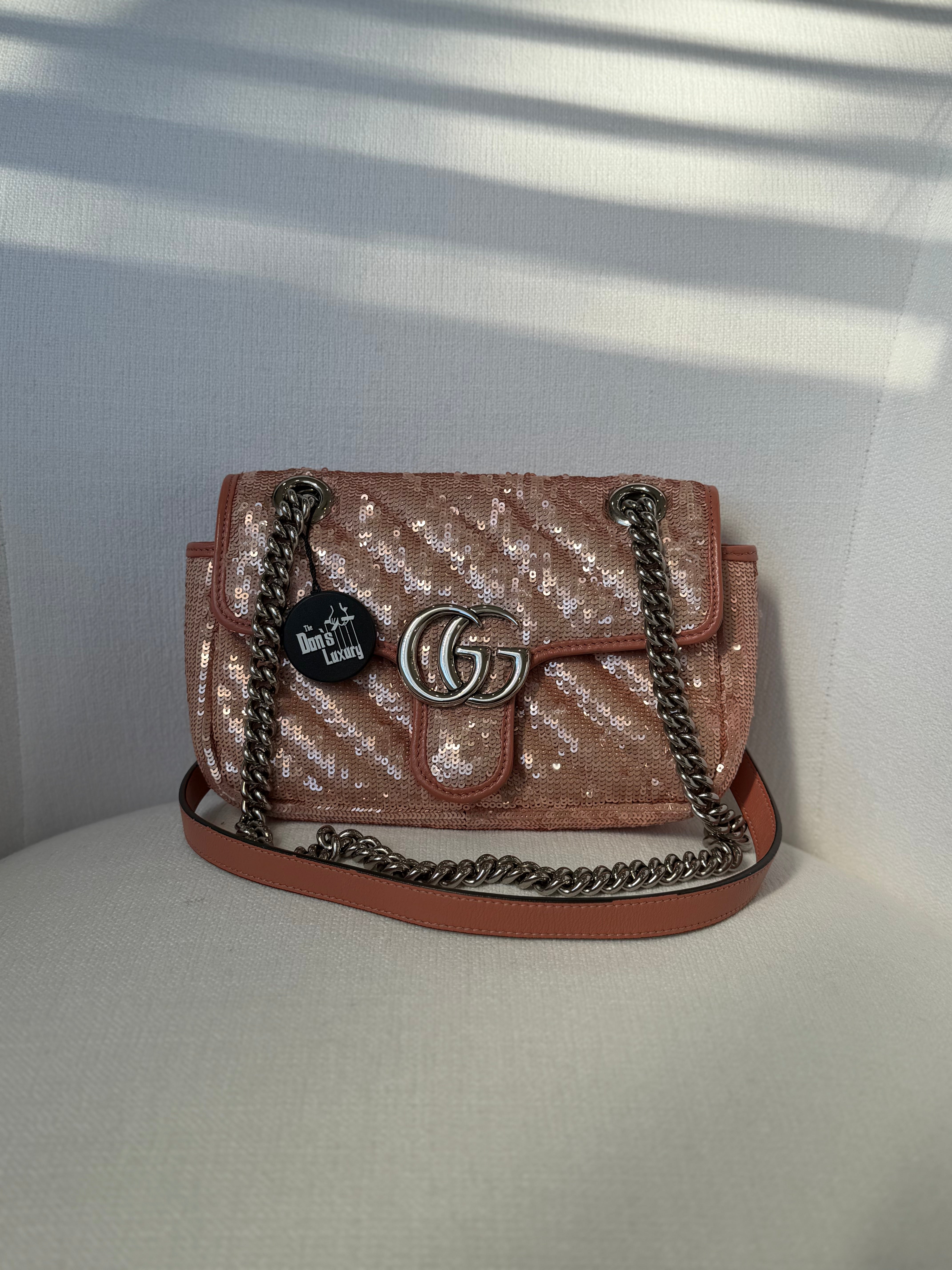Gucci Rose Gold Sequins & Leather GG Marmont Mini Shoulder Bag