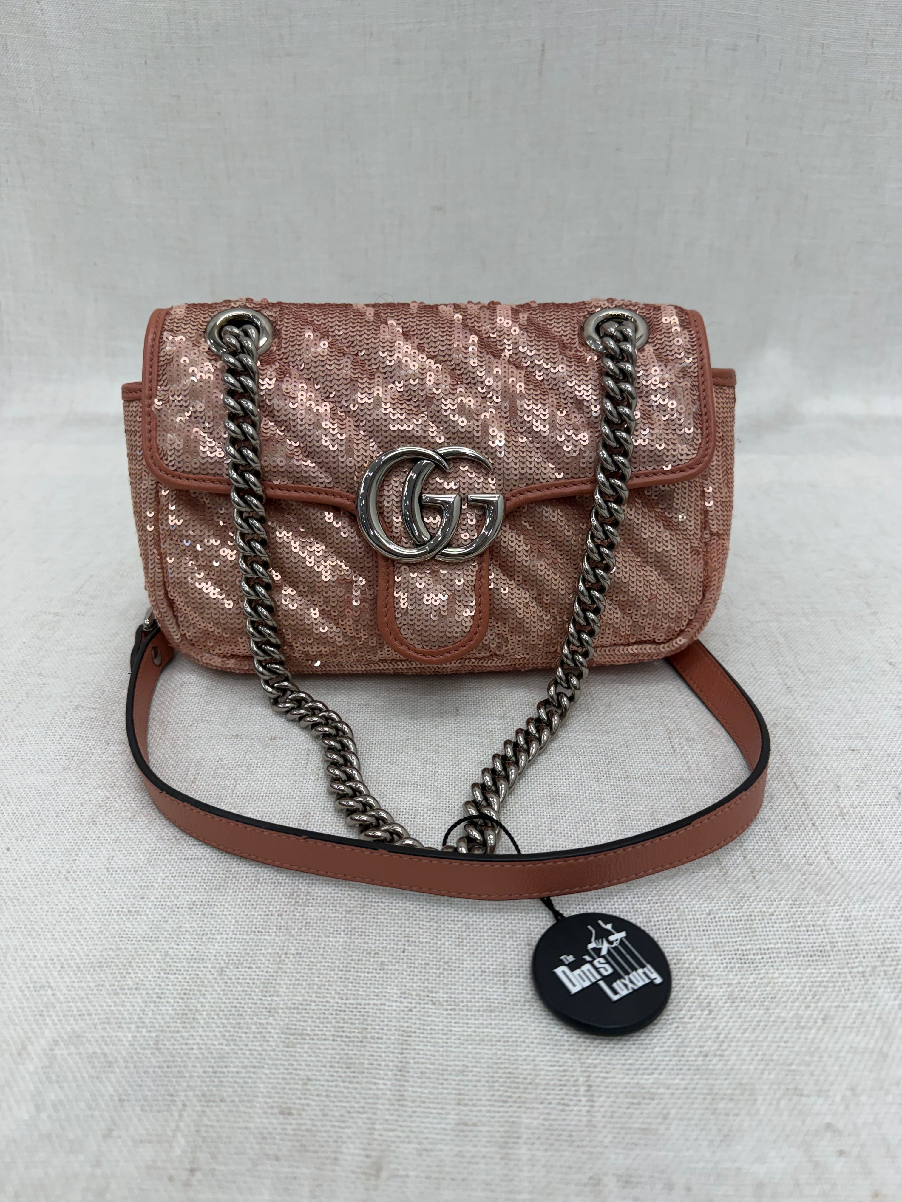 Gucci Rose Gold Sequins & Leather GG Marmont Mini Shoulder Bag