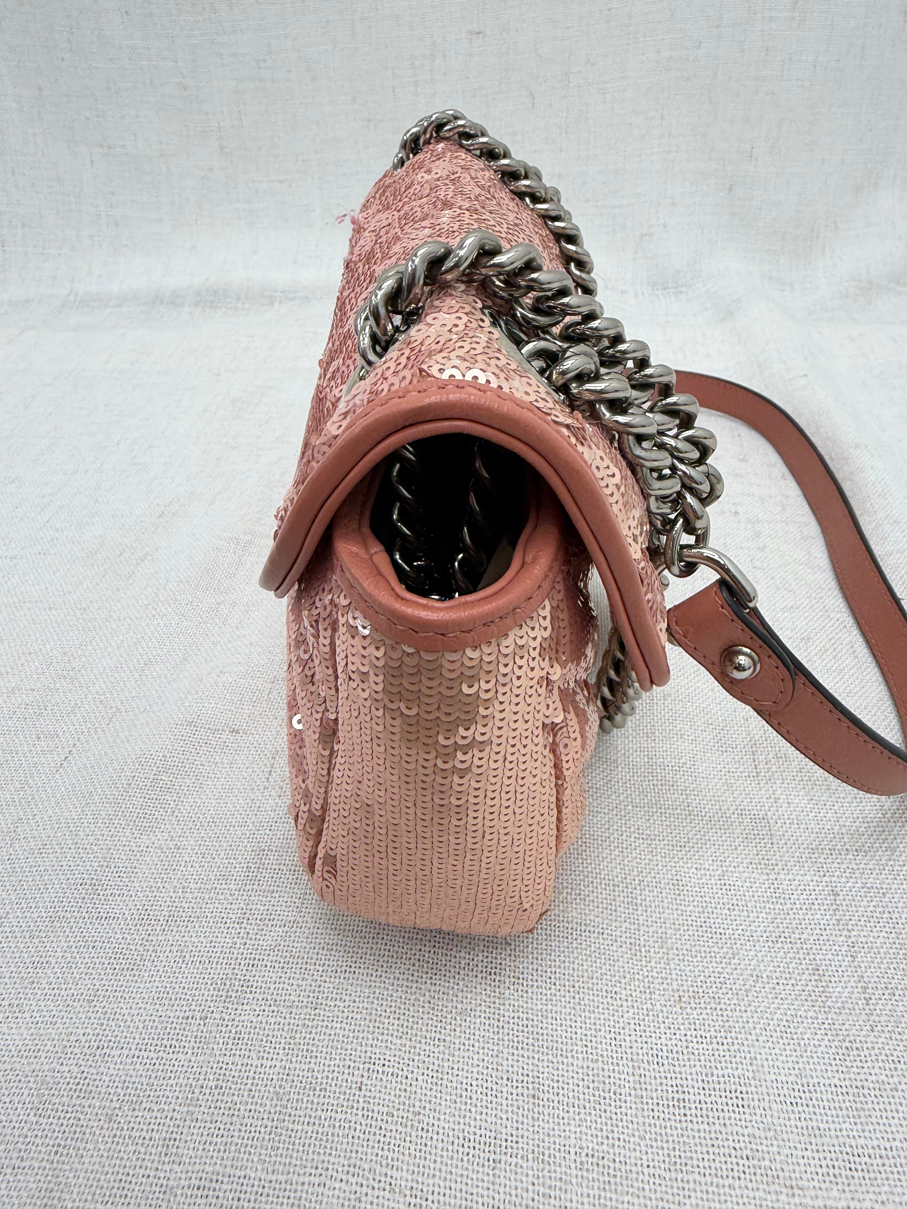 Gucci Rose Gold Sequins & Leather GG Marmont Mini Shoulder Bag