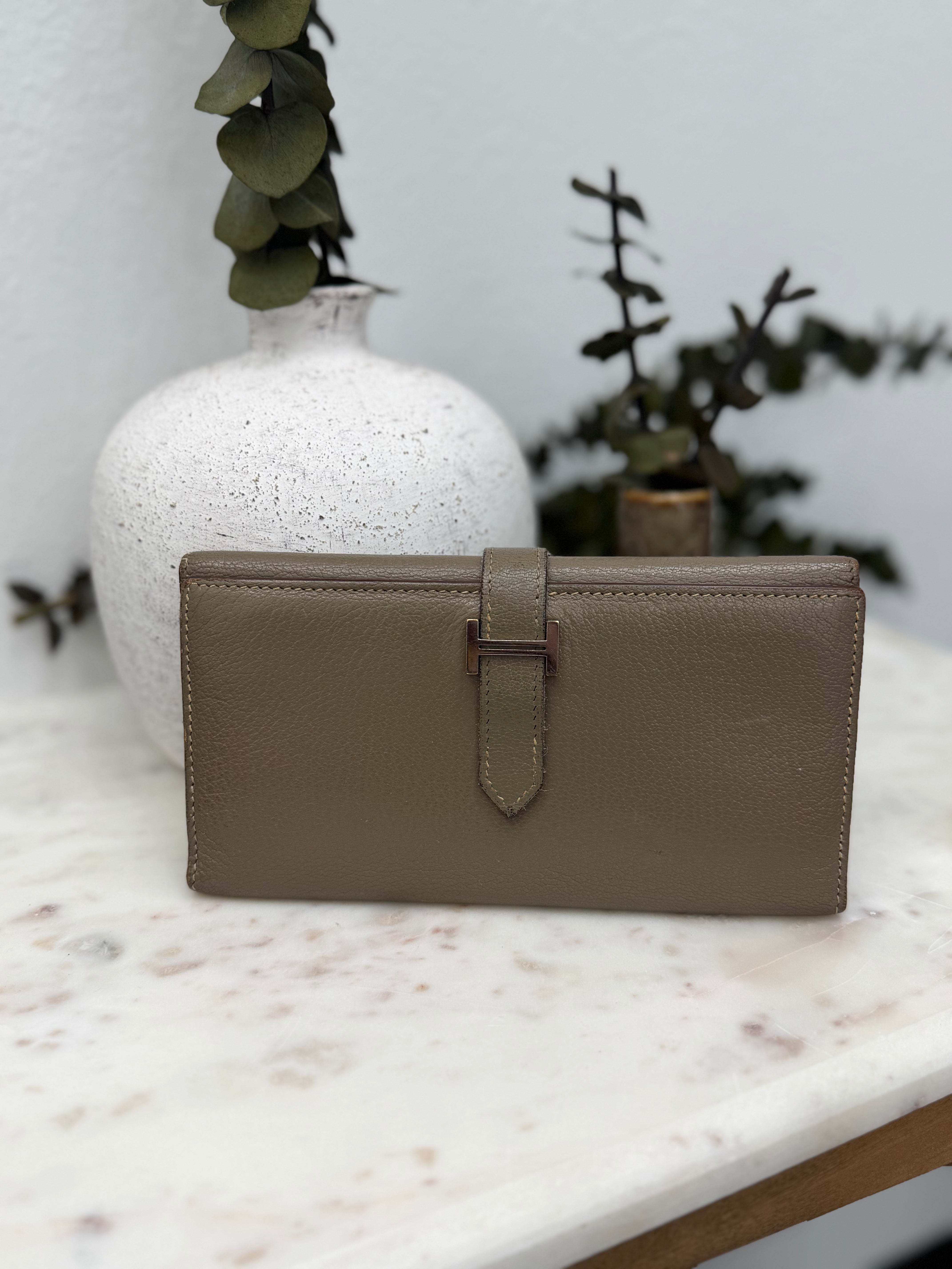 Hermes Dark Taupe Leather Trifold Bearn Wallet