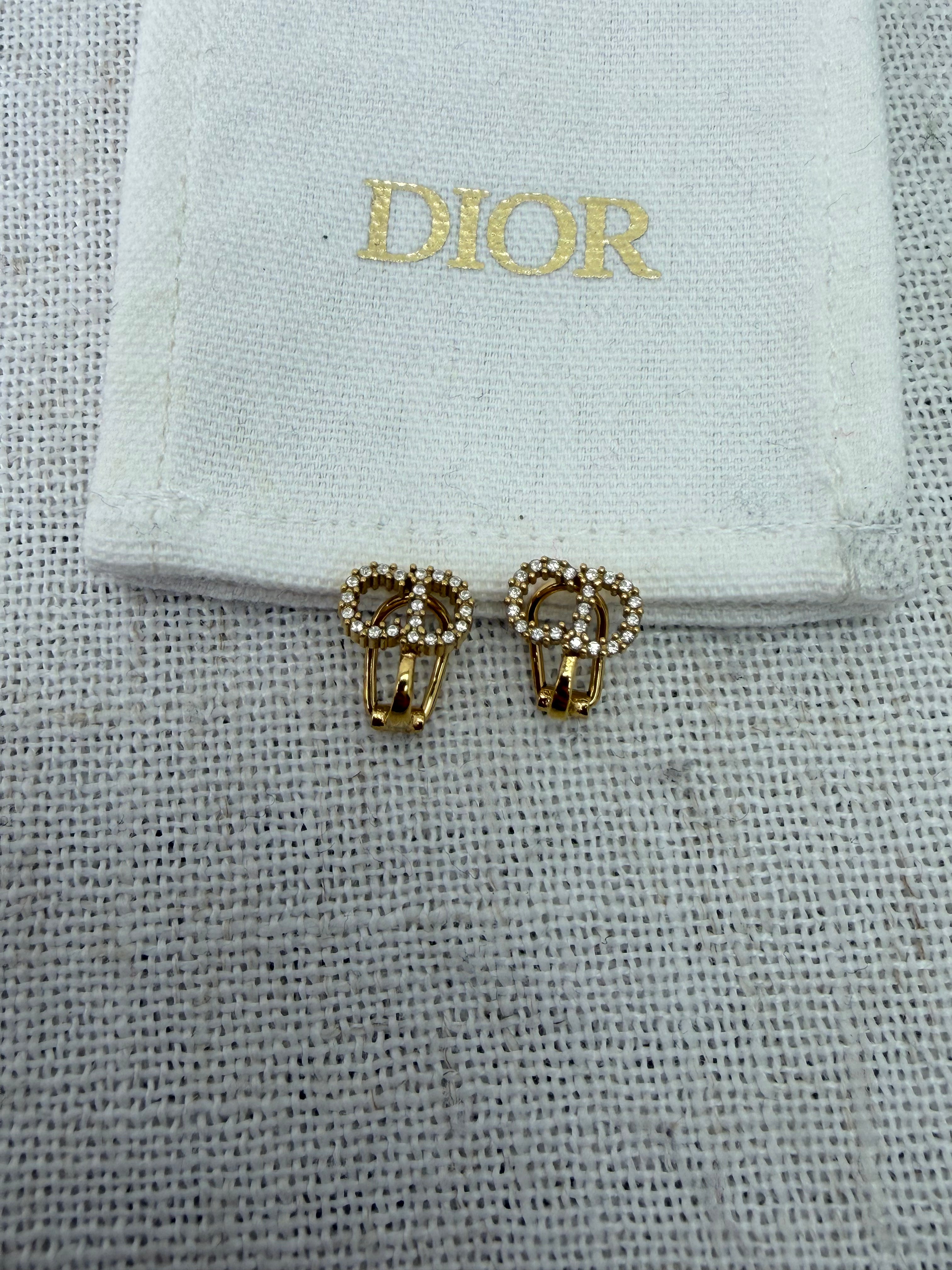 Christian Dior  Gold Tone & Crystal CD Clip on Earrings