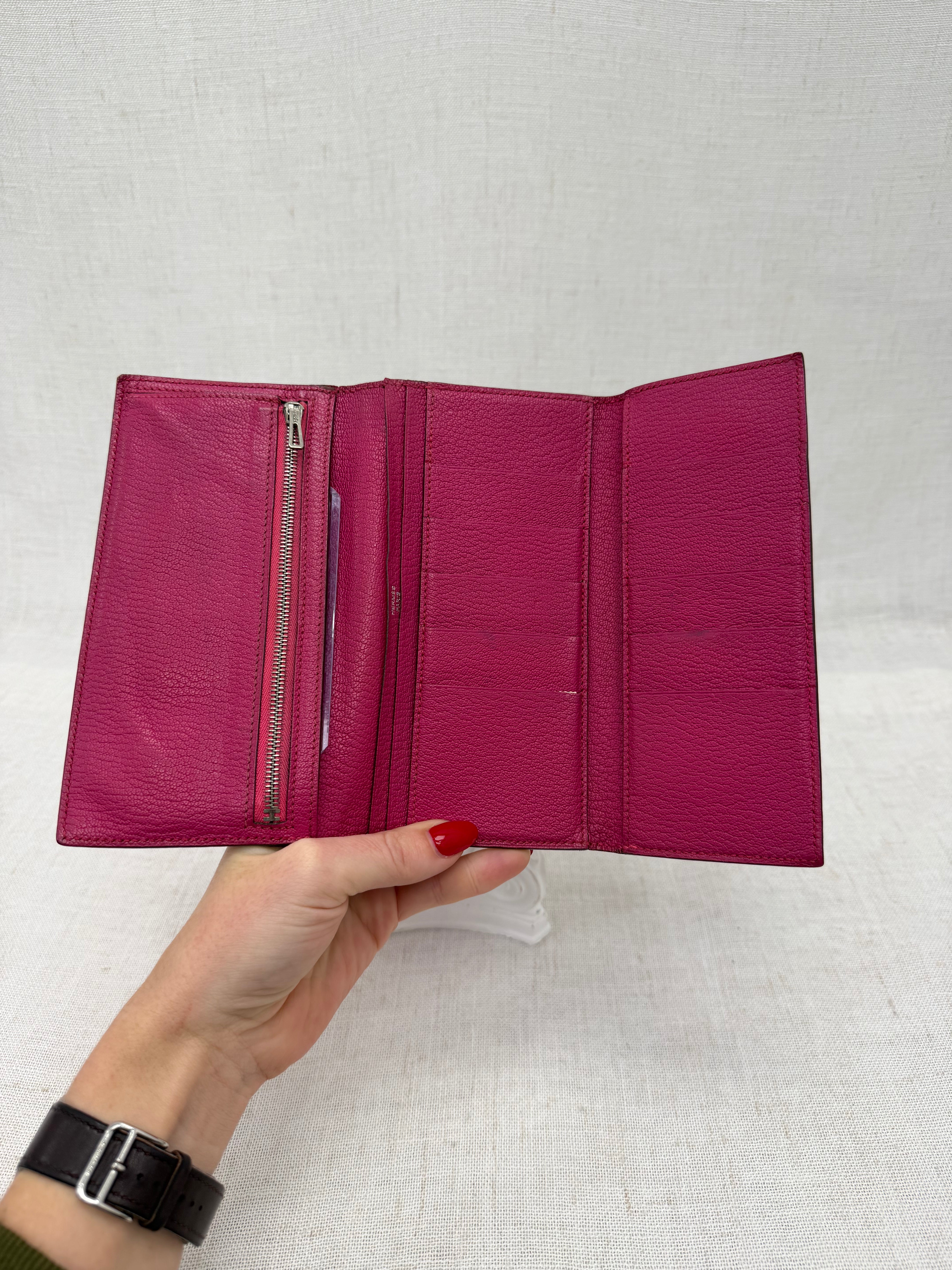 Hermes Fuchsia Leather Trifold Bearn Wallet
