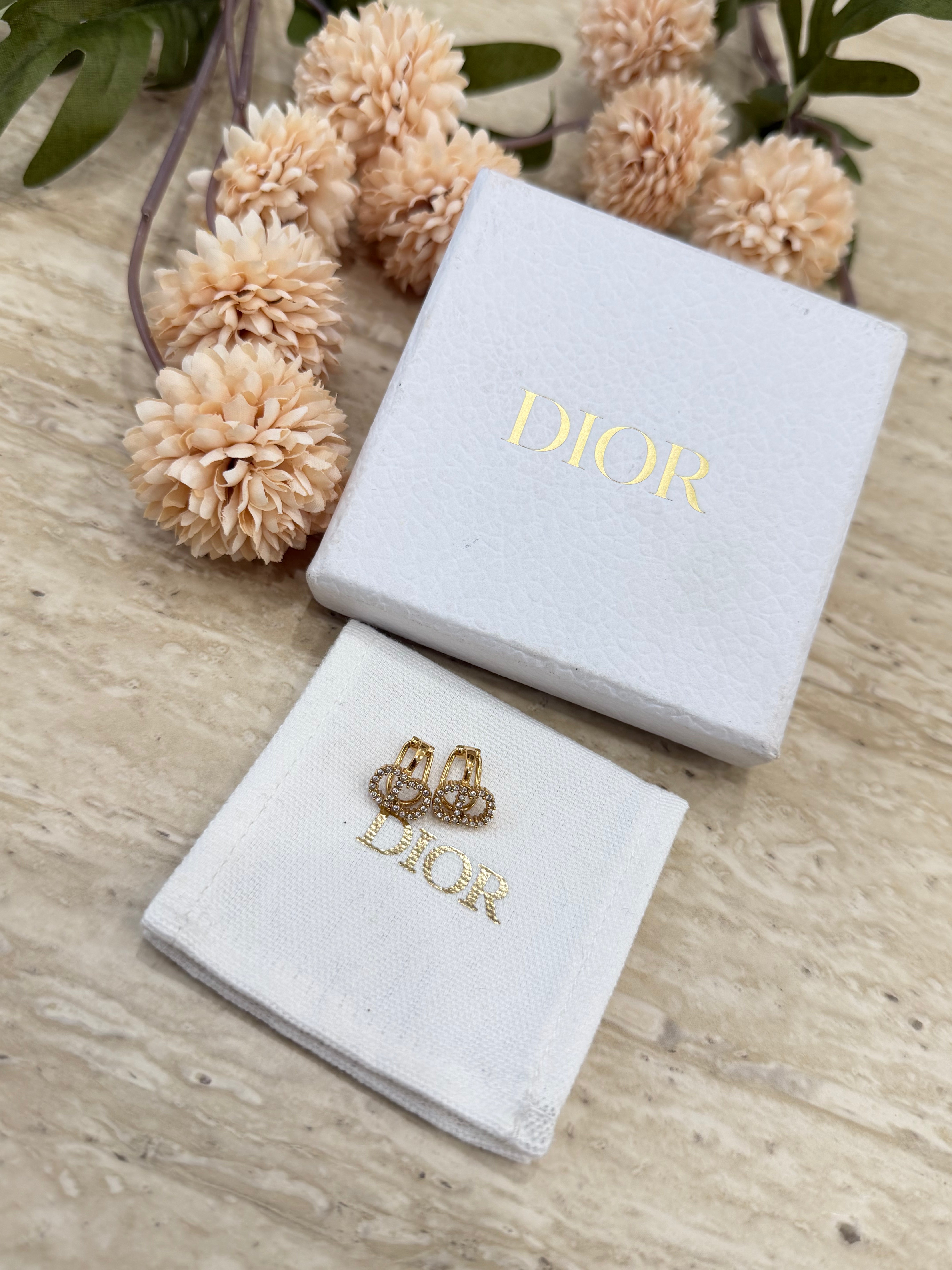 Christian Dior  Gold Tone & Crystal CD Clip on Earrings