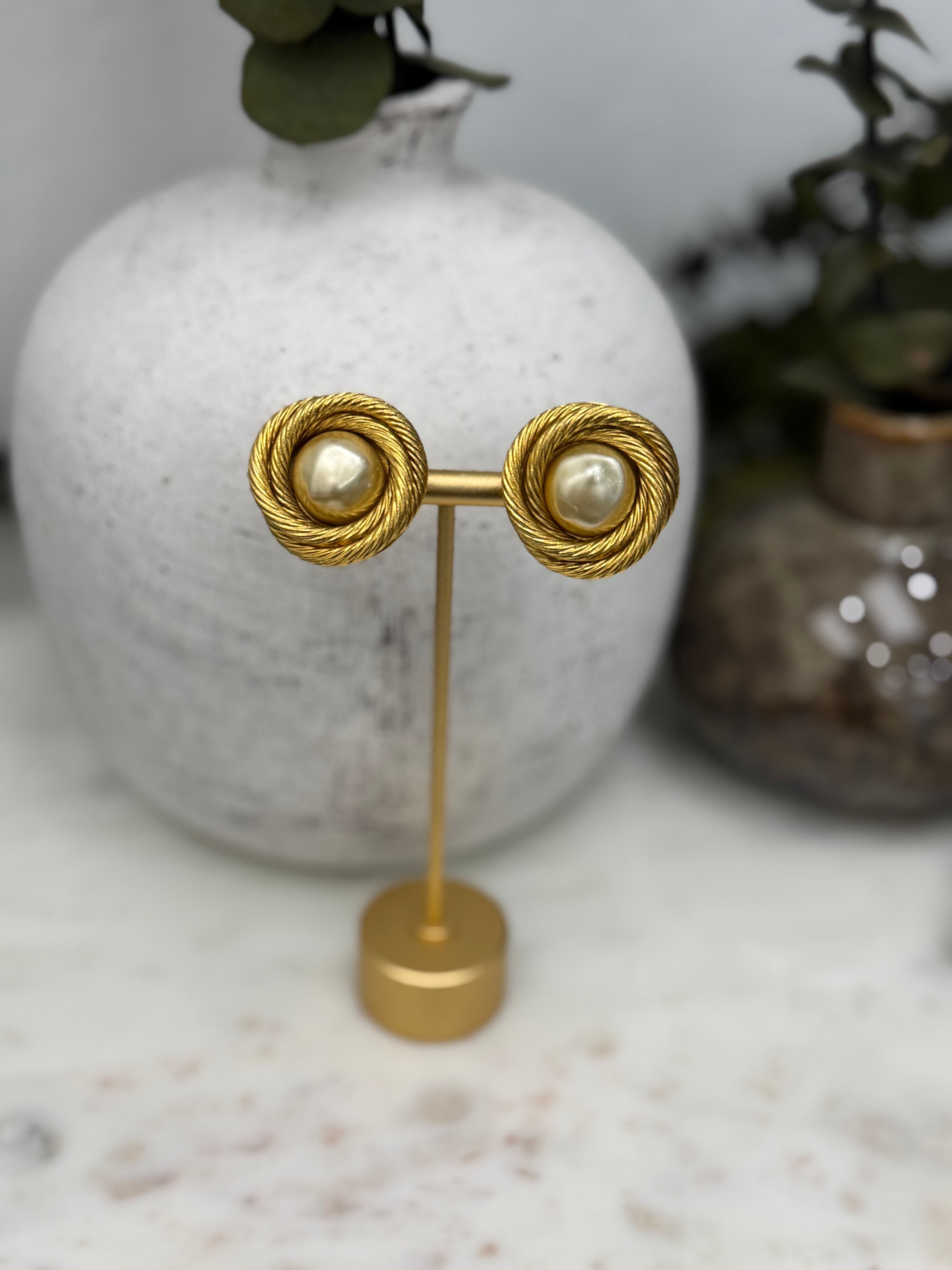 Chanel Vintage Gold Tone Faux Pearl Nested Clip On Earrings