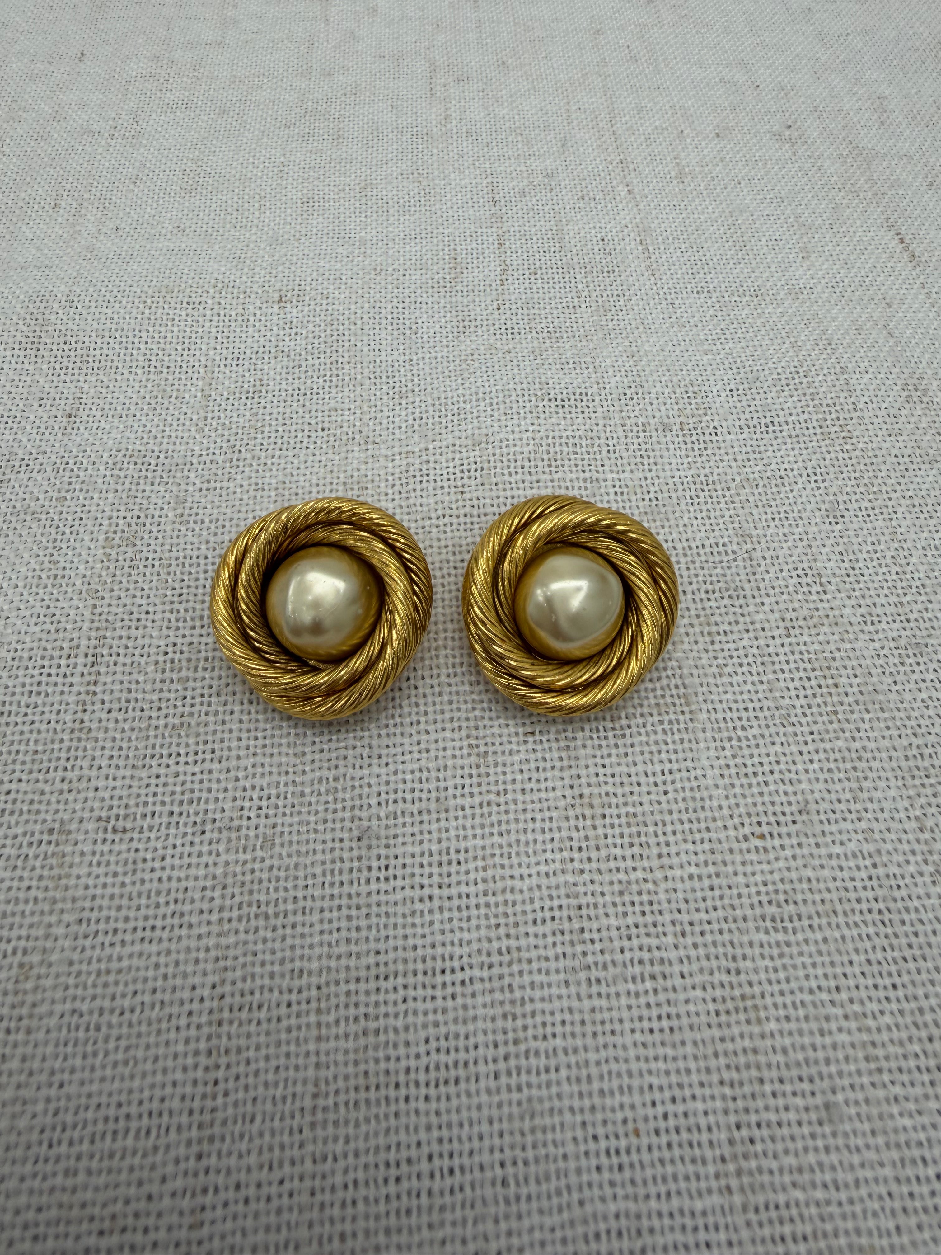 Chanel Vintage Gold Tone Faux Pearl Nested Clip On Earrings