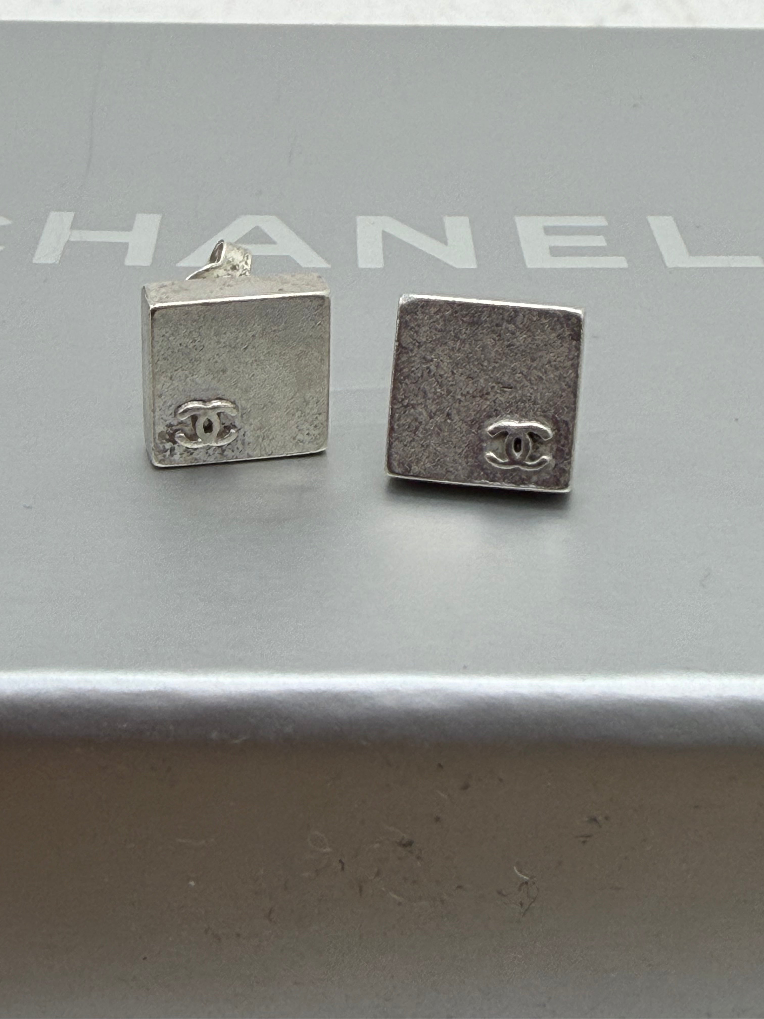 Chanel Vintage CC Square Silver Earrings