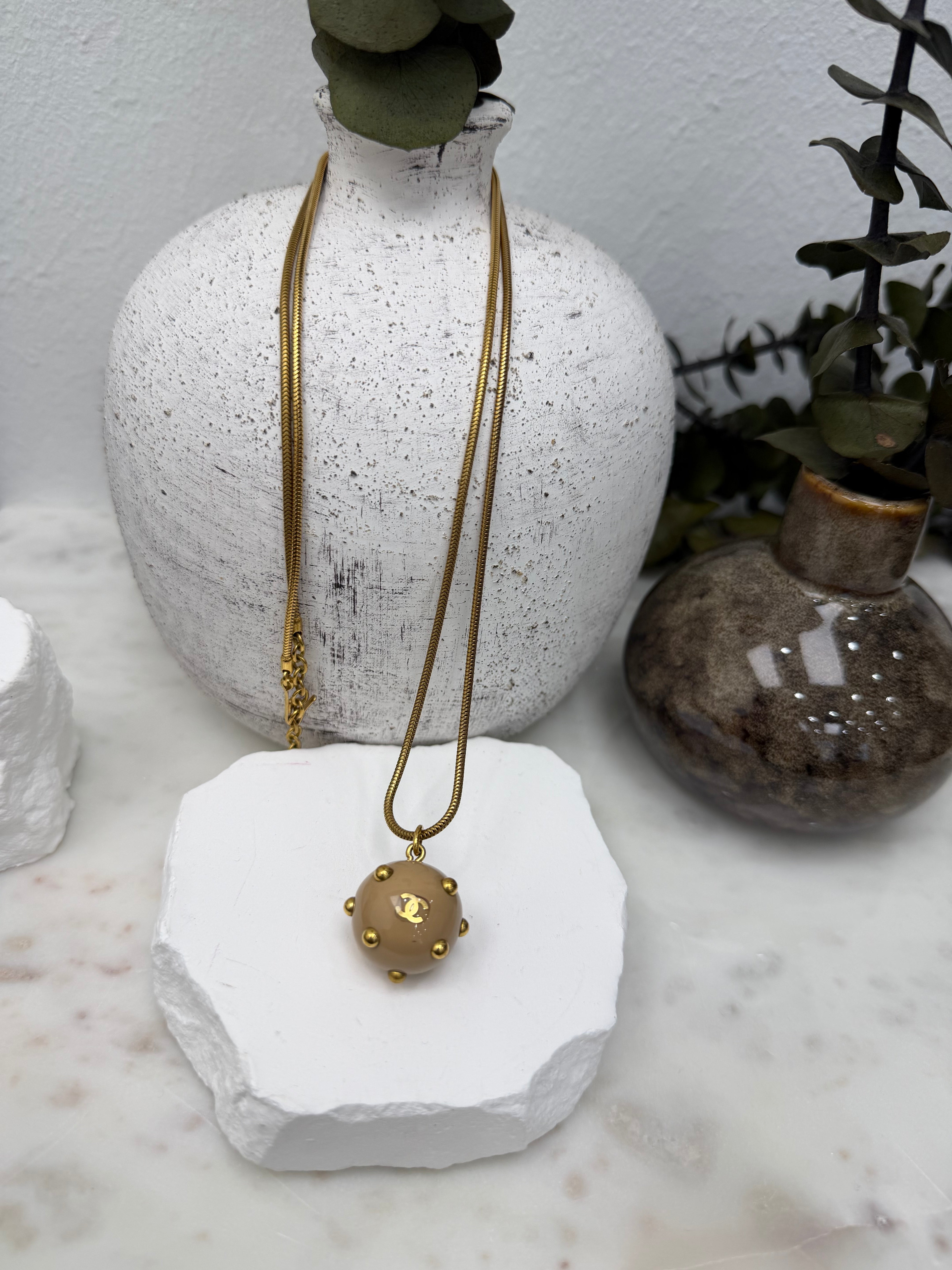 Chanel Vintage Beige Studded Sphere Pendant Long Necklace