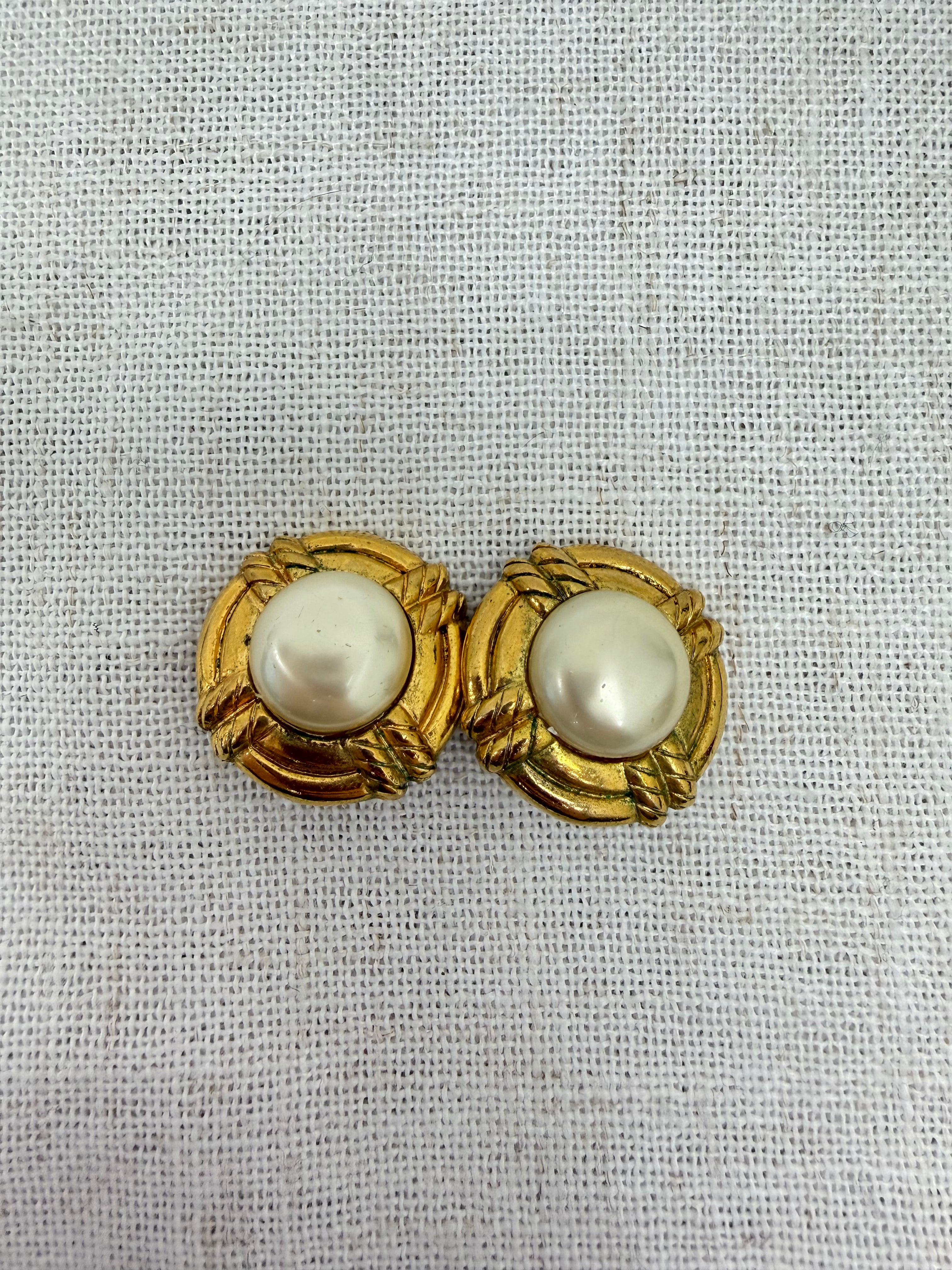 Chanel Vintage Gold Tone Faux Pearl Rope Clip On Earrings