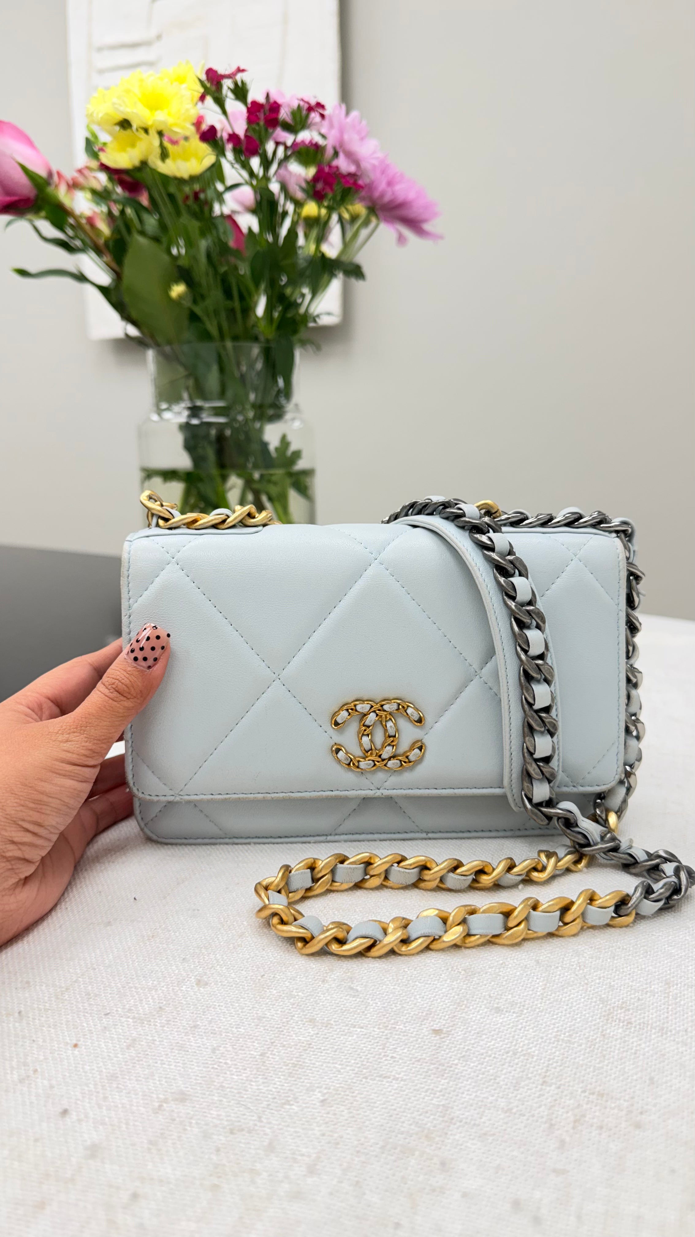 *DONS PRE DROP* Chanel Light Blue Lambskin Quilted Leather Chanel 19 Wallet On A Chain
