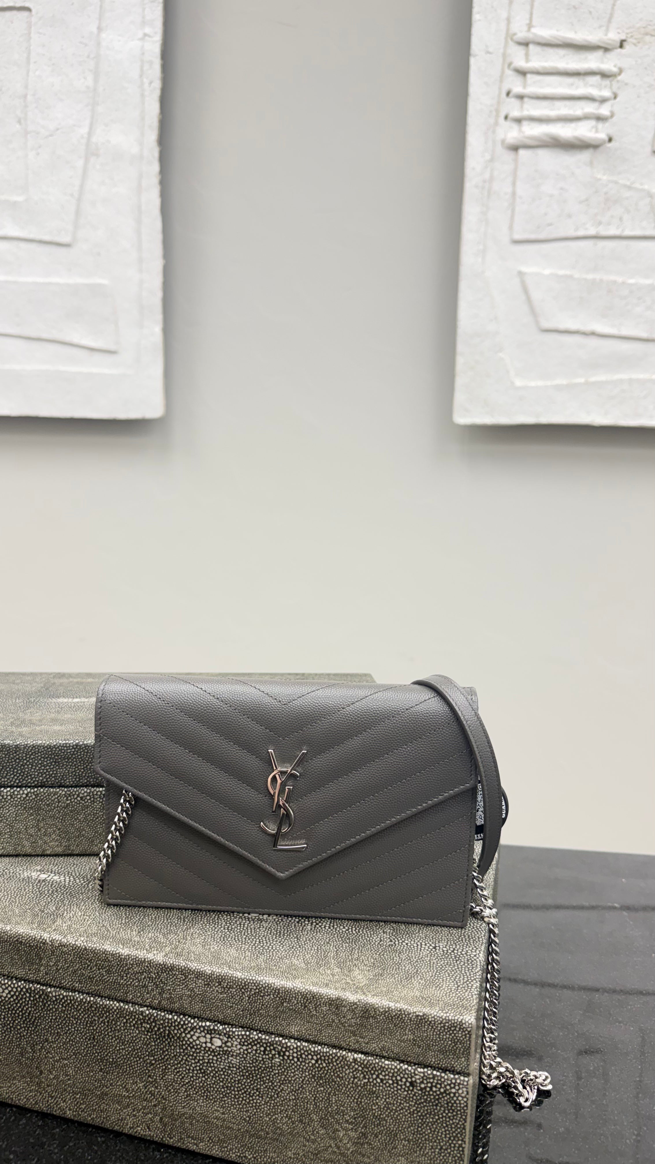 *DONS PRE DROP* Saint Laurent YSL Grey Grained Leather Monogram Envelope Chain Wallet