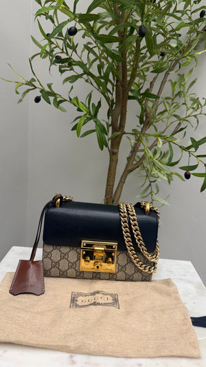 *DONS DROP* Gucci Black And Beige Leather And Coated Canvas Padlock Small Shoulder Bag