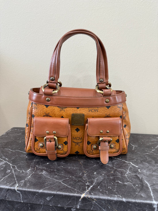 MCM Cognac Visetos Leather Small Boston Bag 