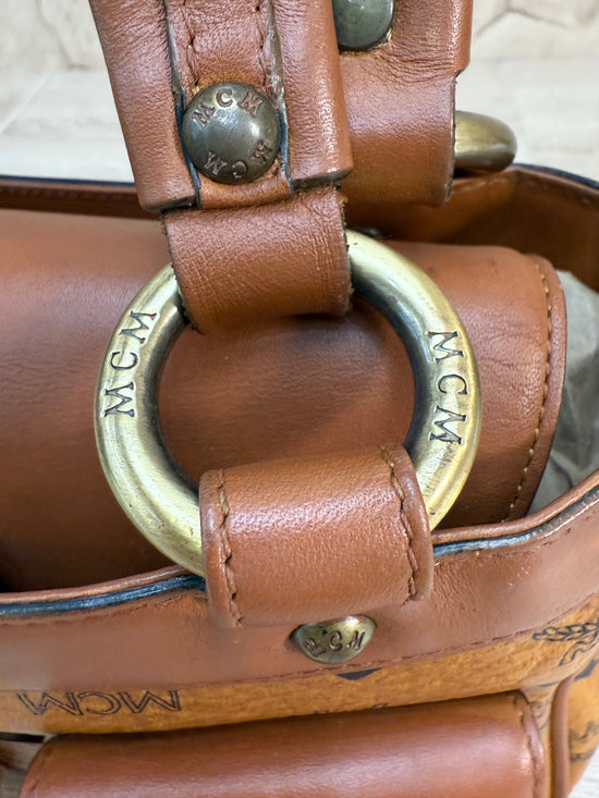 MCM Cognac Visetos Leather Small Boston Bag 