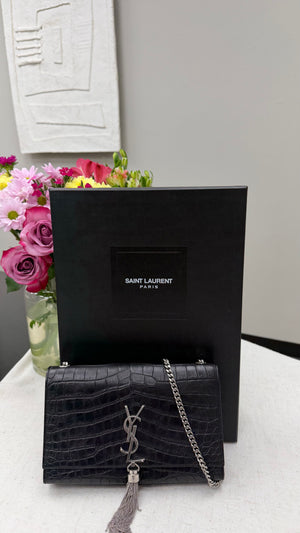 *DONS DROP* Saint Laurent YSL Black Croc Embossed Leather Kate Shoulder Bag