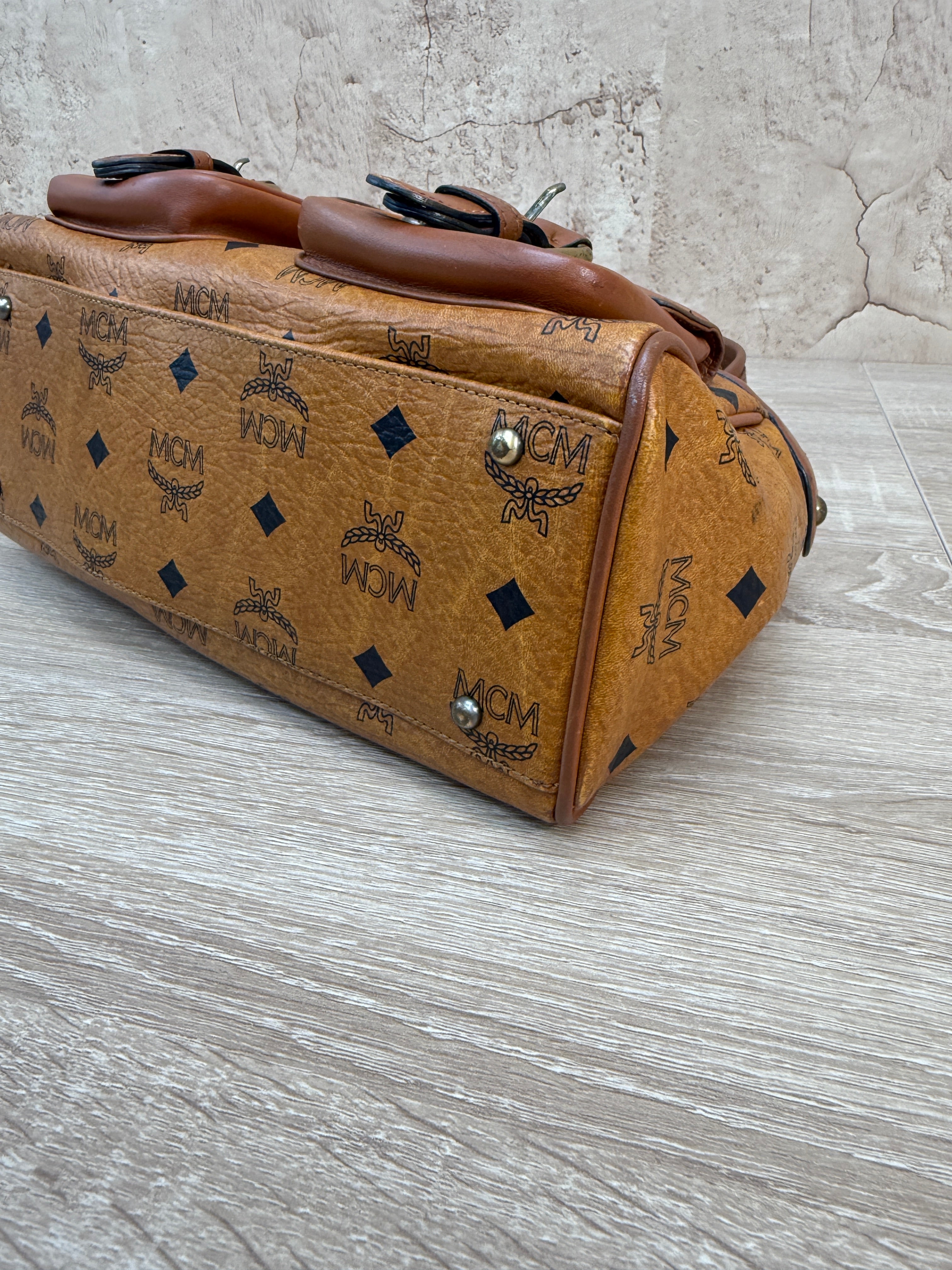 MCM Cognac Visetos Leather Small Boston Bag 