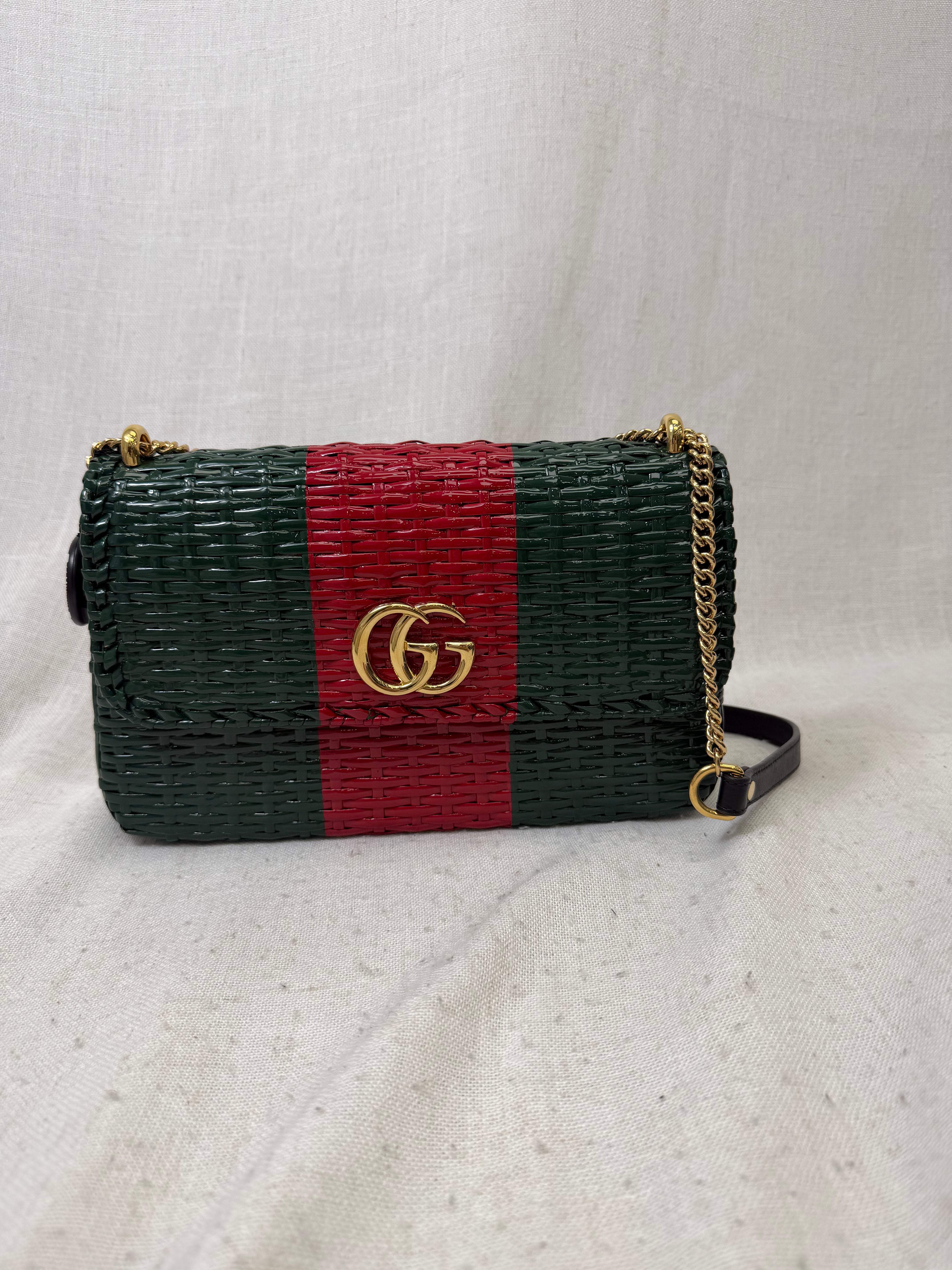 Gucci Green And Red Glazed Wicker Stripe Cestino Shoulder Bag