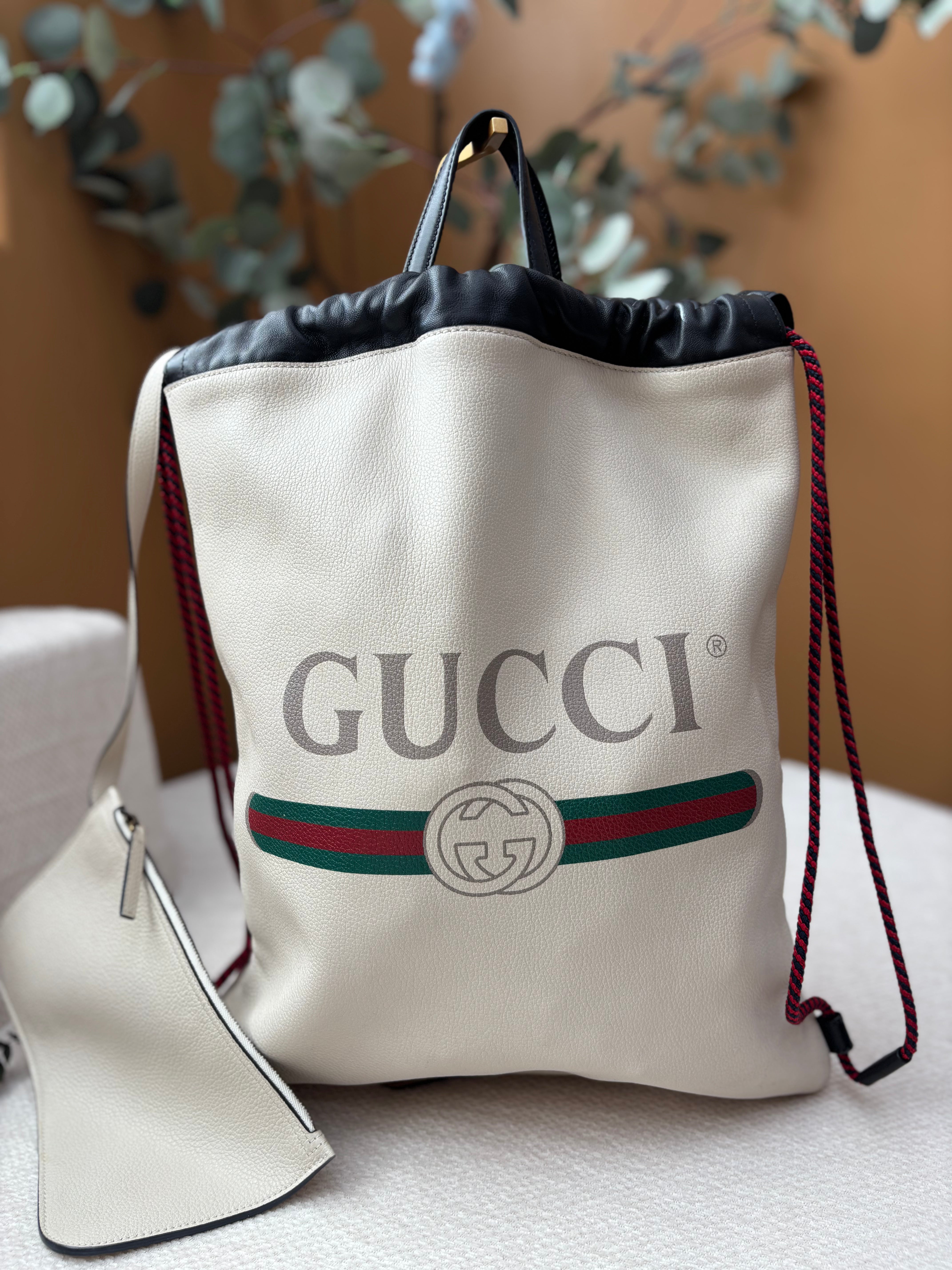 *DONS PRE-DROP* Gucci Ivory Leather Vintage Logo Drawstring Backpack