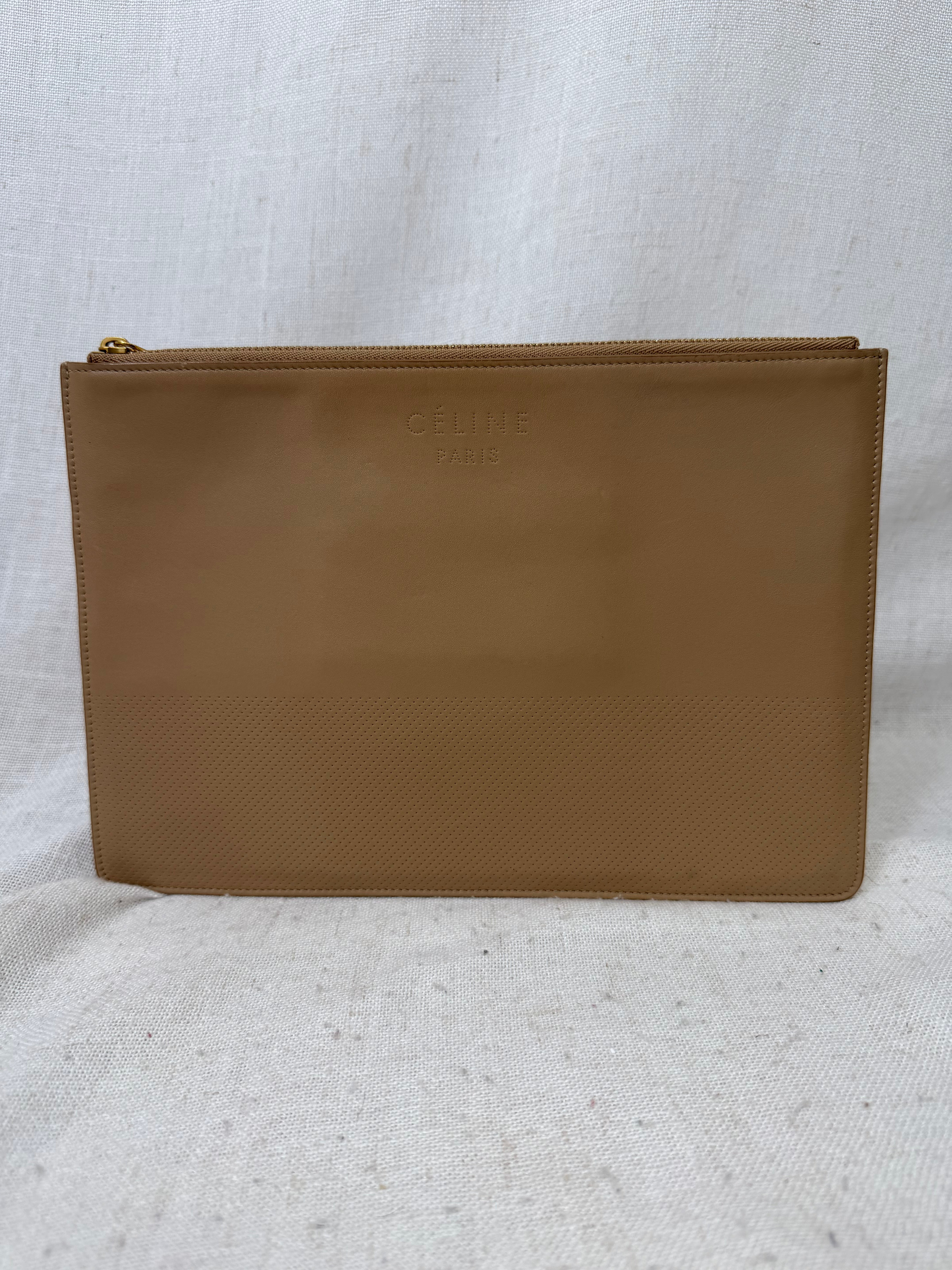 Celine Tan Calfskin Leather Perforated Clutch Pouch