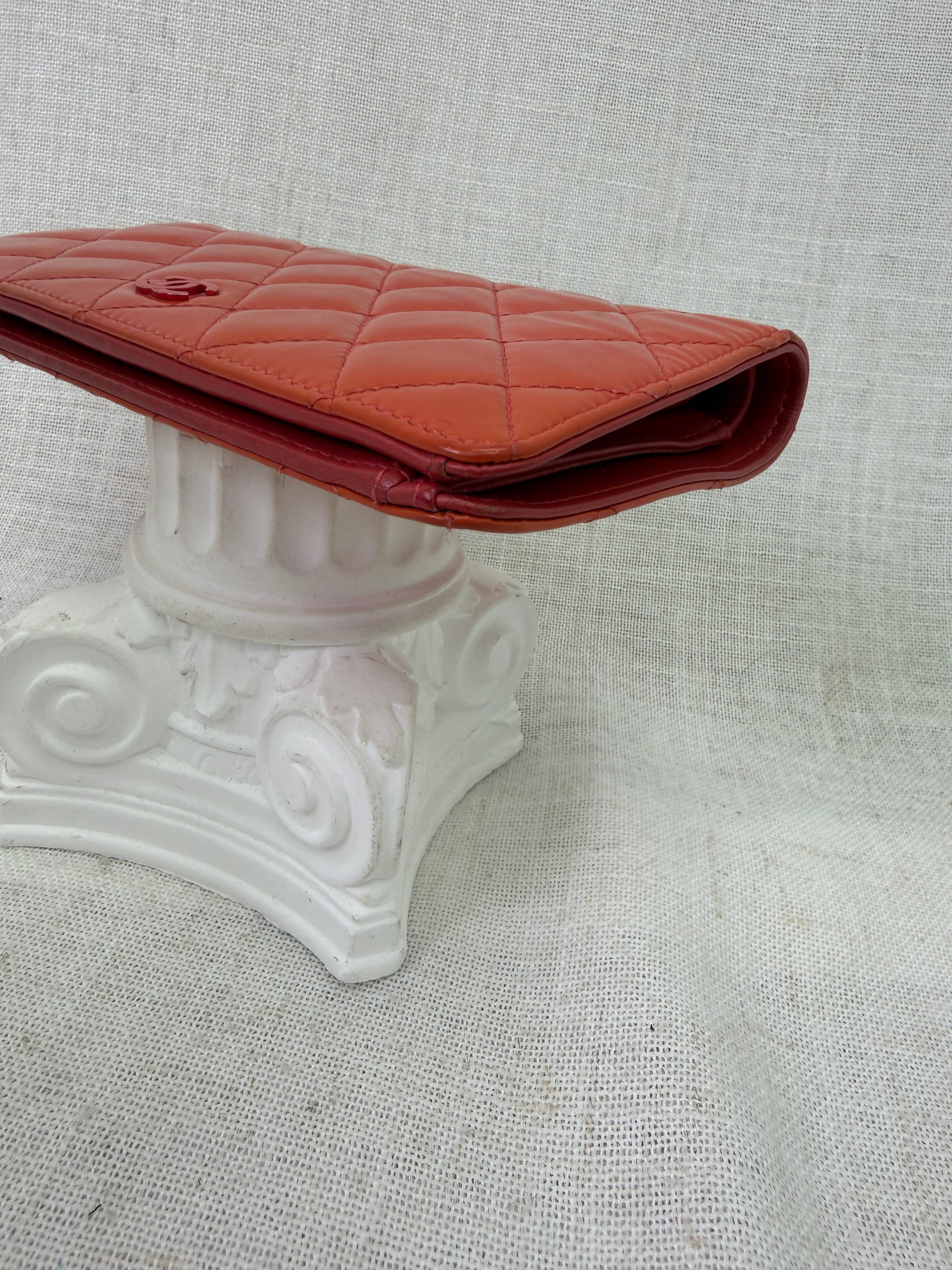 Chanel Coral Quilted Patent Leather Long Wallet