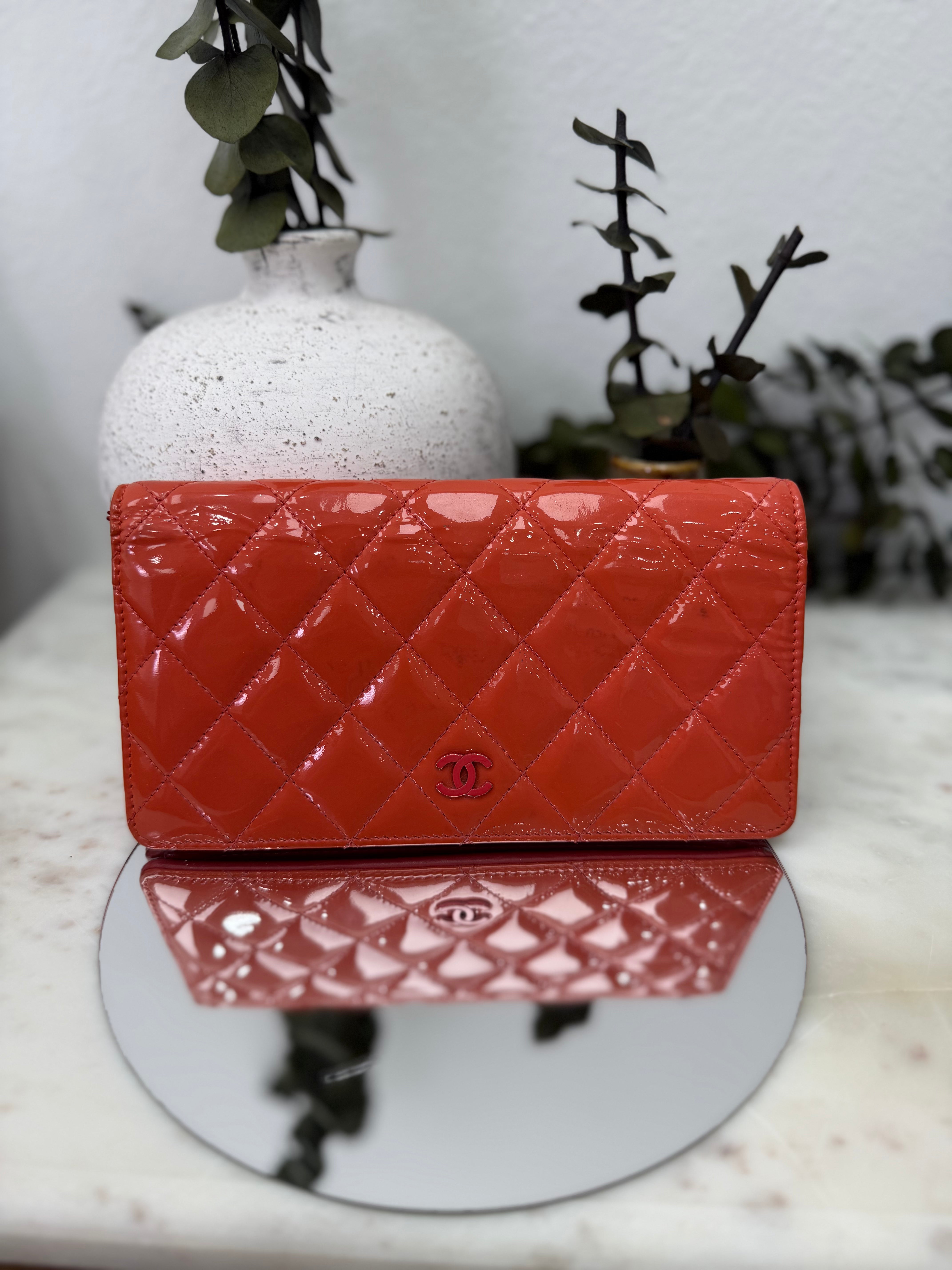 Chanel Coral Quilted Patent Leather Long Wallet