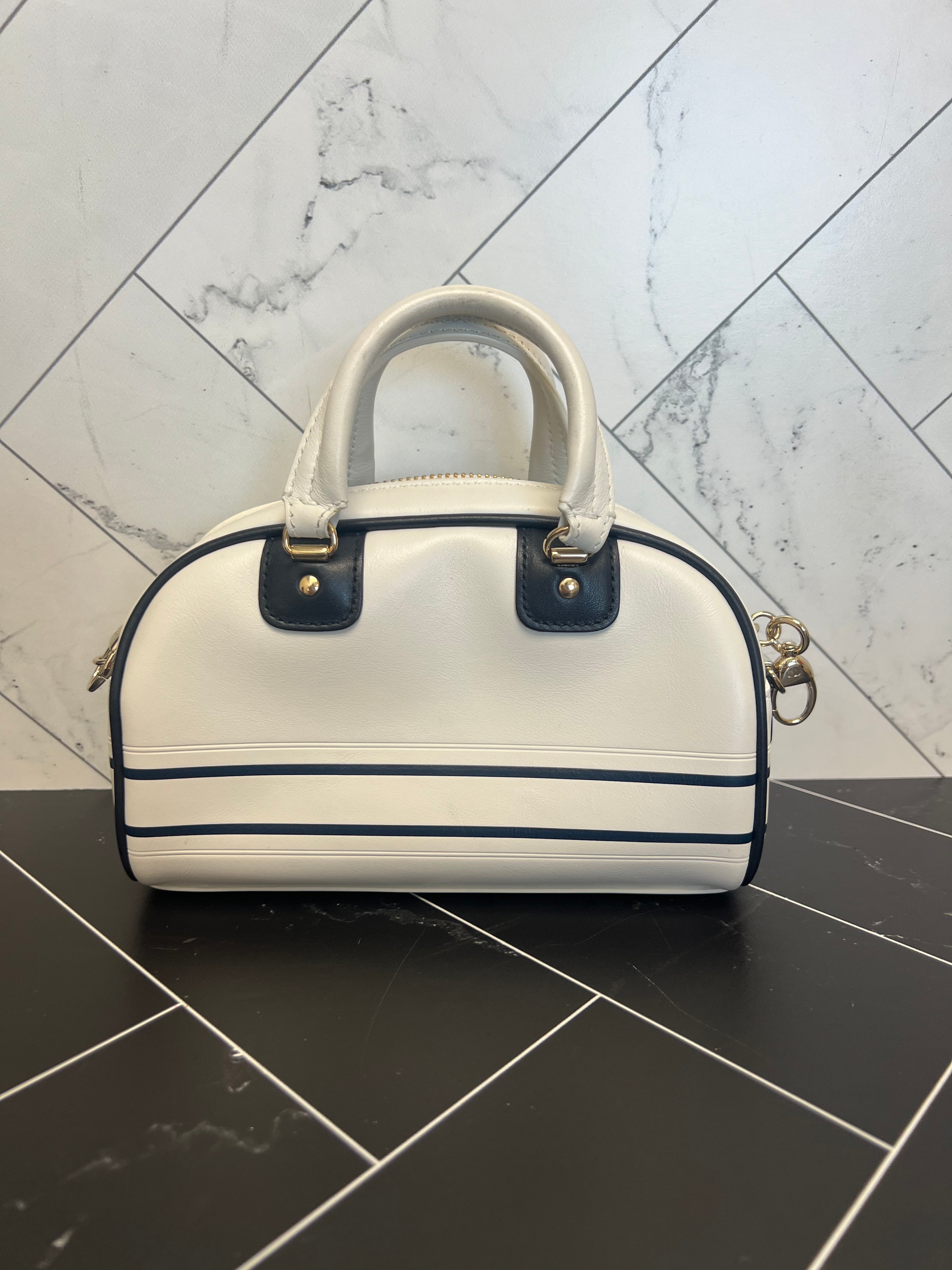 LIKE NEW Christian Dior White + Navy Leather Bowling Bag