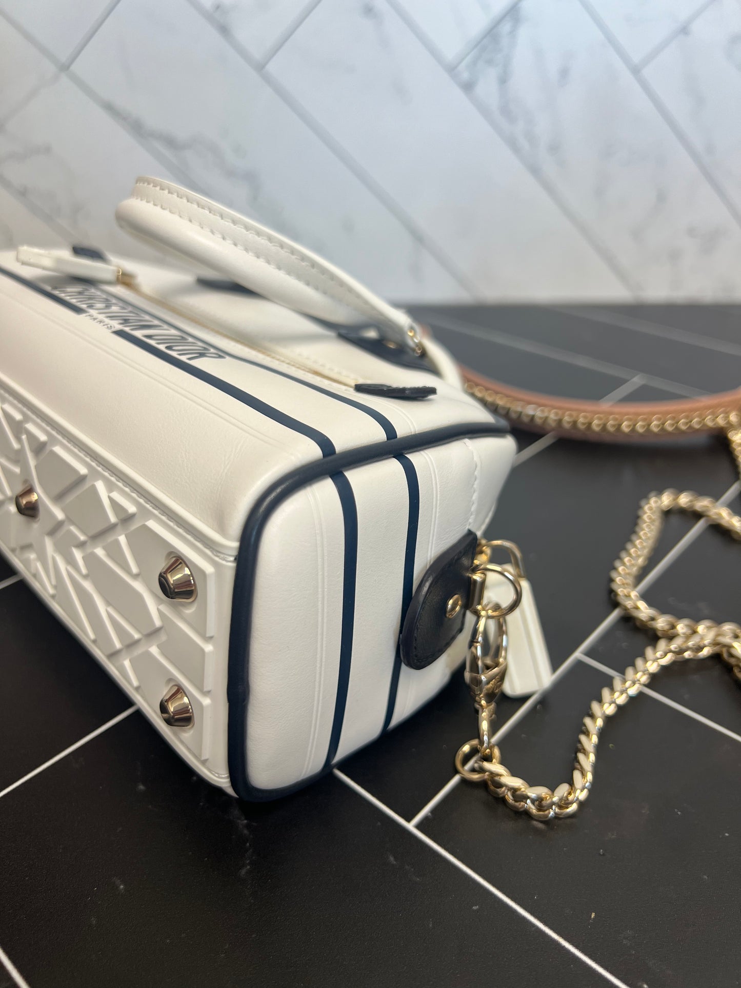 LIKE NEW Christian Dior White + Navy Leather Bowling Bag