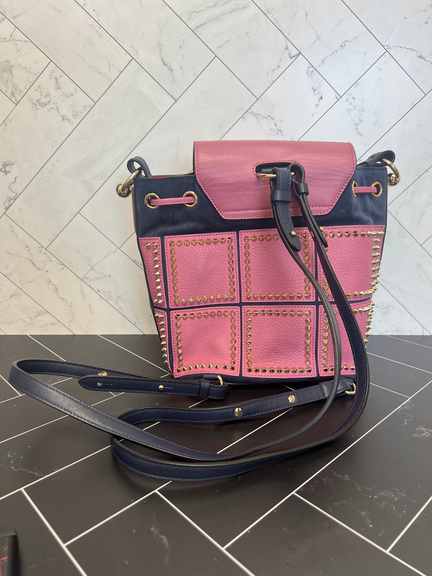 Christian Louboutin Pink + Navy Studded Backpack