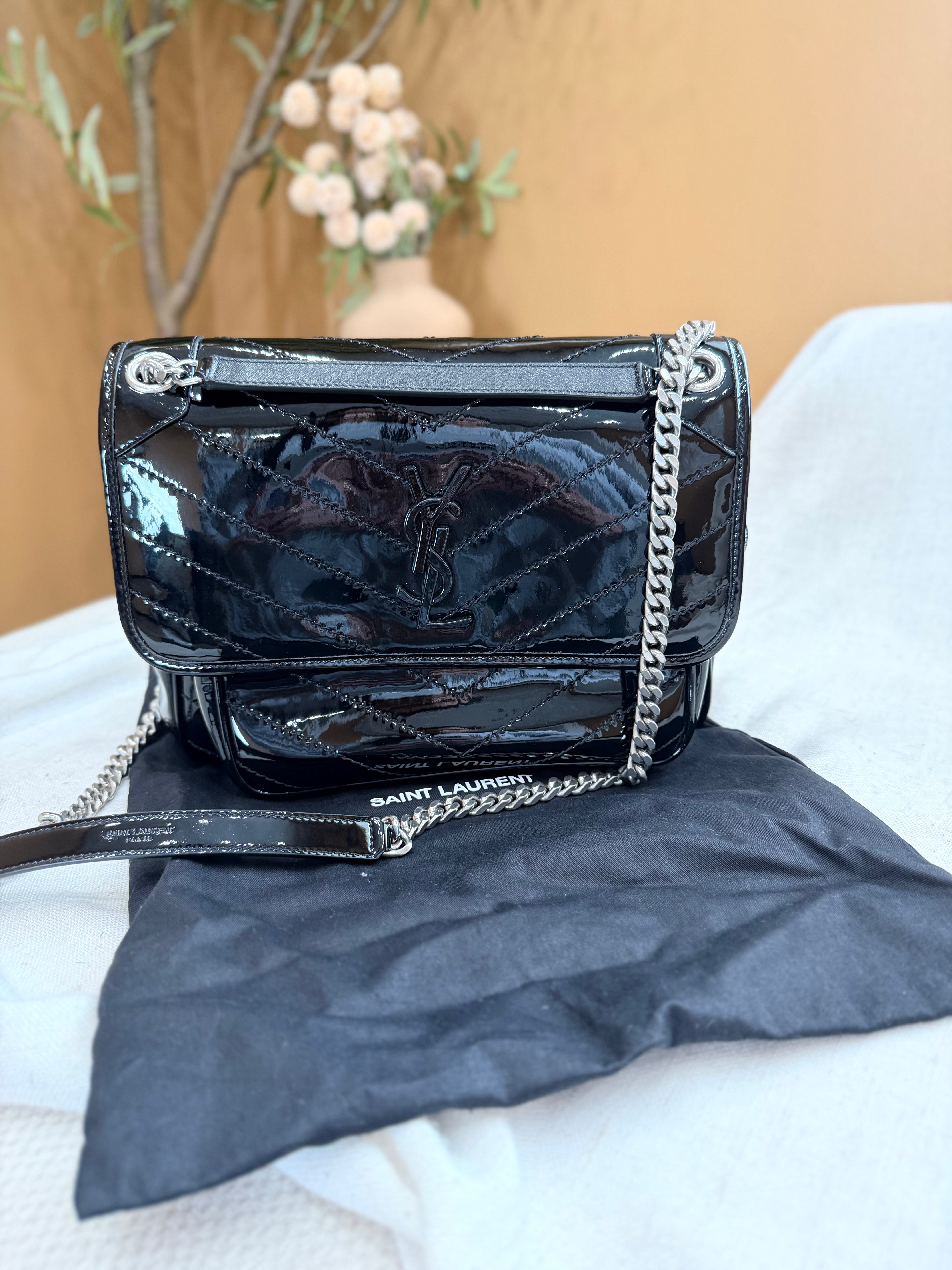 Saint Laurent YSL Black Quilted Chevron Patent Leather Medium Niki Chain Satchel