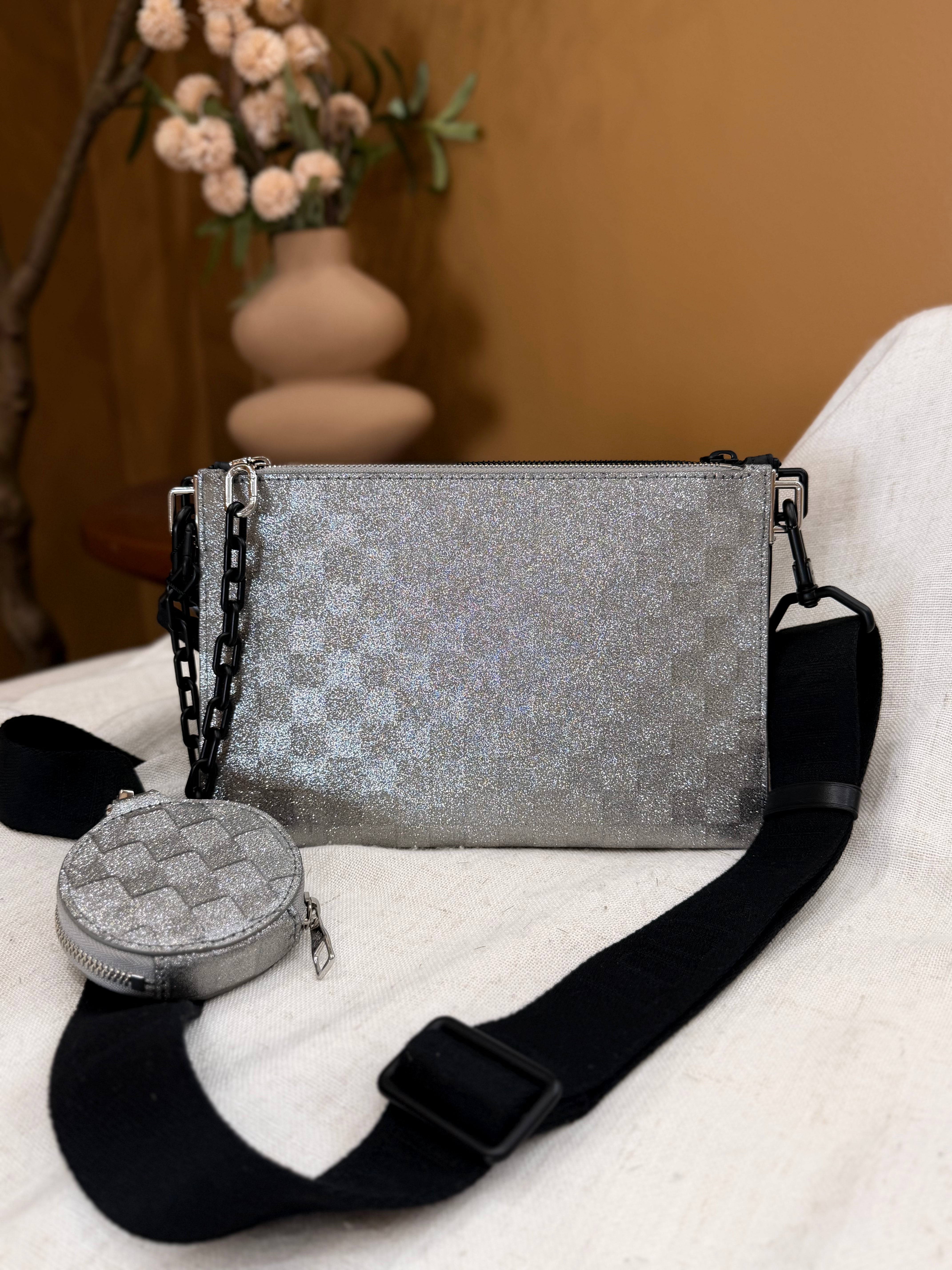 Louis Vuitton Silver Glitter Damier & Black Empreinte Trio Pouch NM Crossbody
