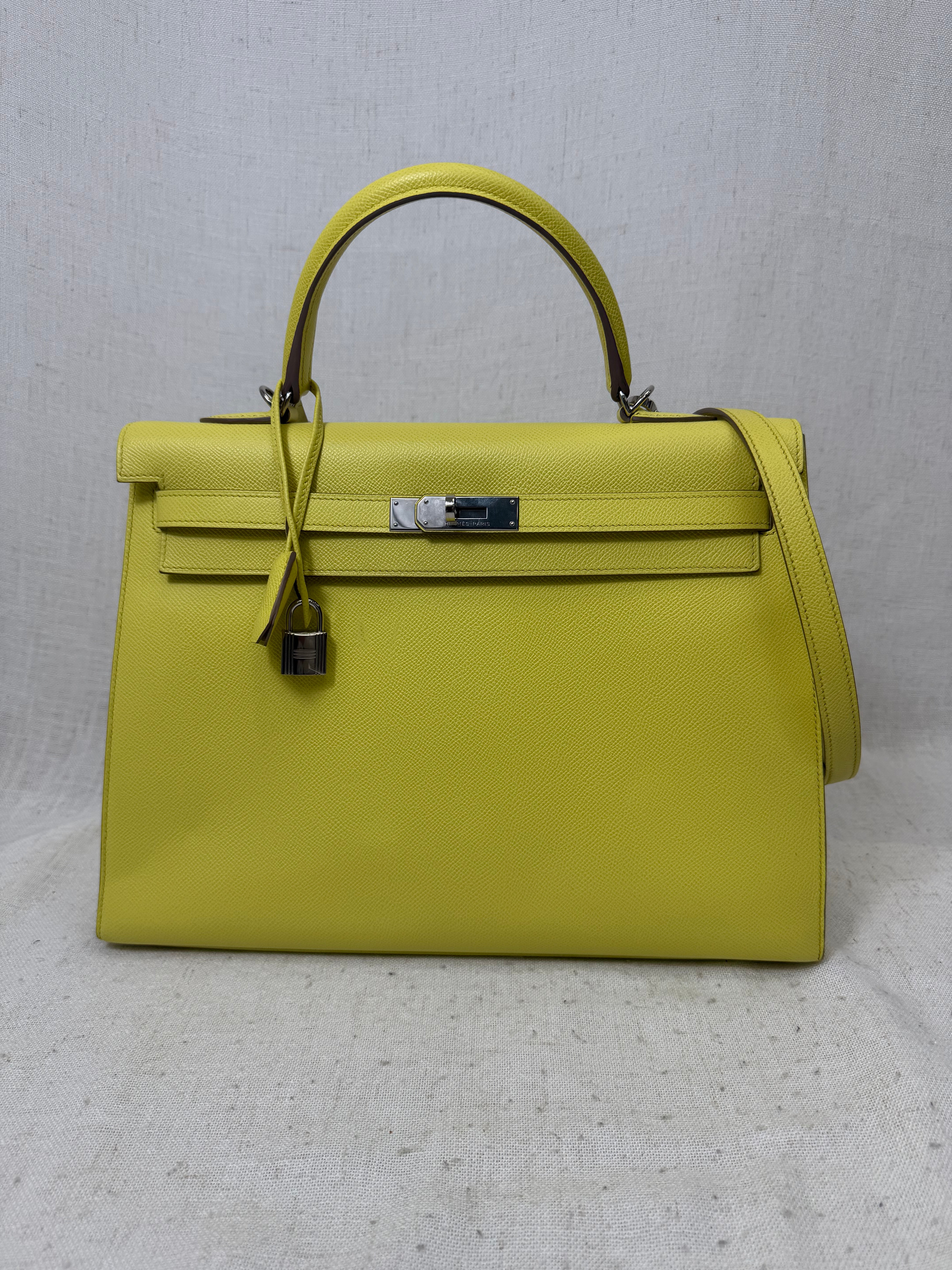 Hermes Yellow Lime Epsom Leather Kelly Sellier 35 Handbag
