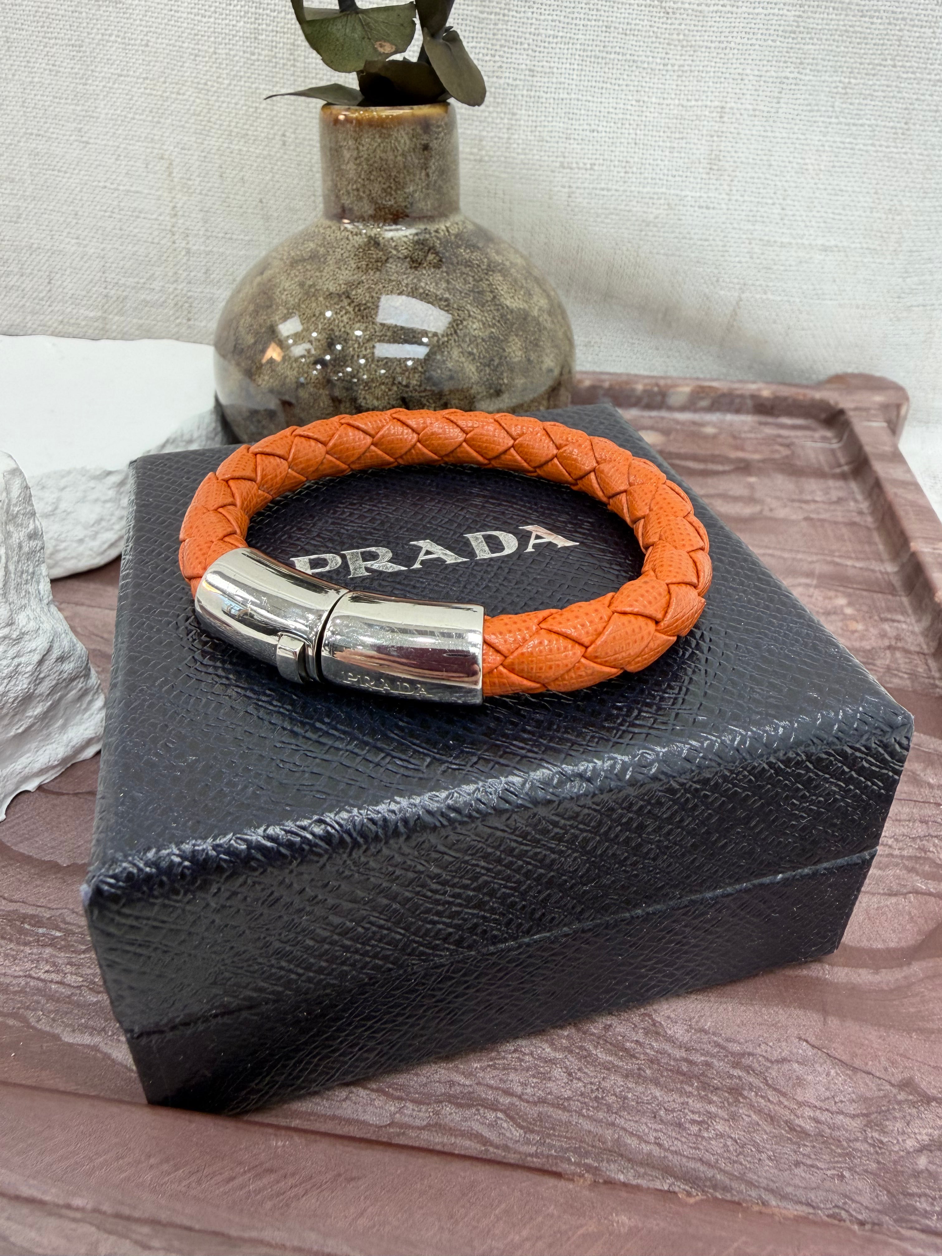 Prada Orange Braided Orange Leather Bracelet