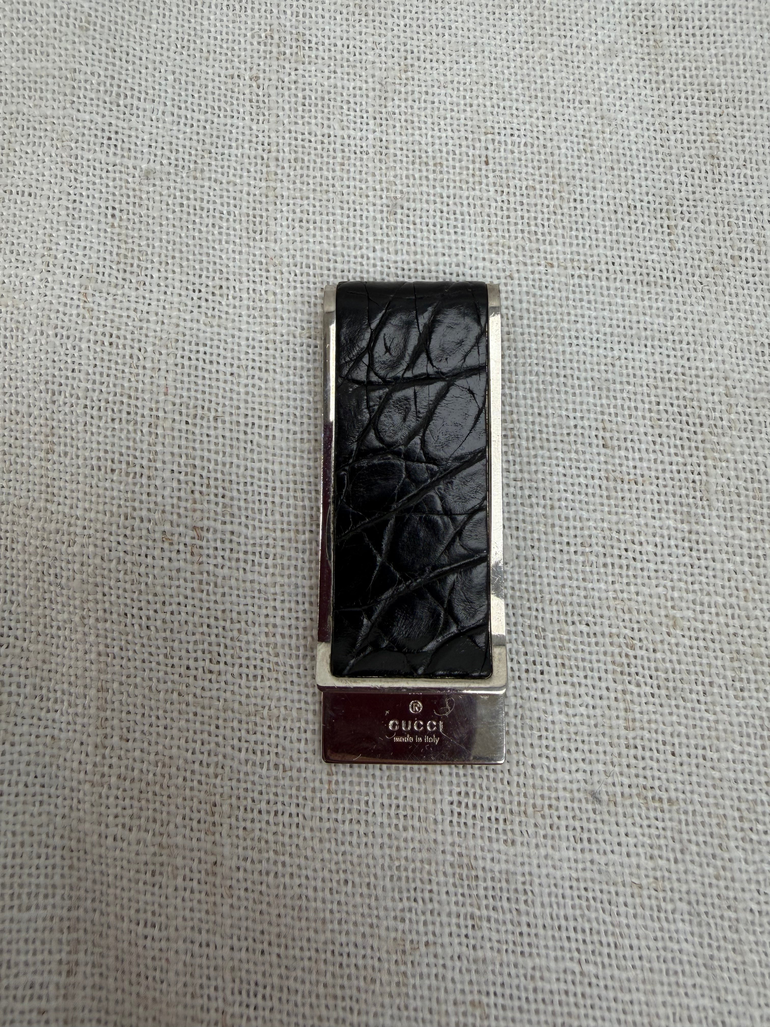 Gucci Black Embossed Leather & Silver Metal Money Clip