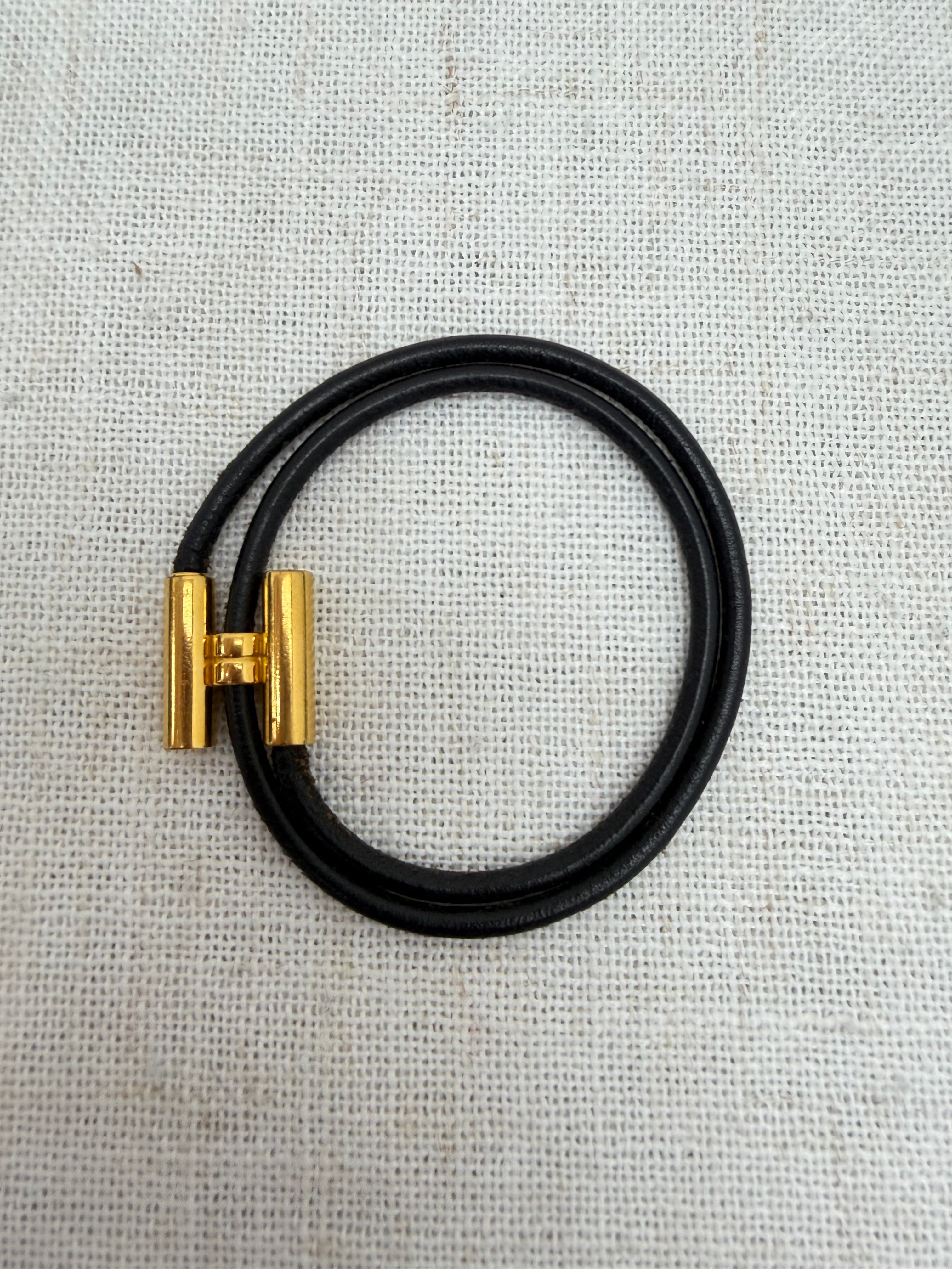Hermes Vintage Black Leather & Gold Tone Tournis Tresse Bracelet