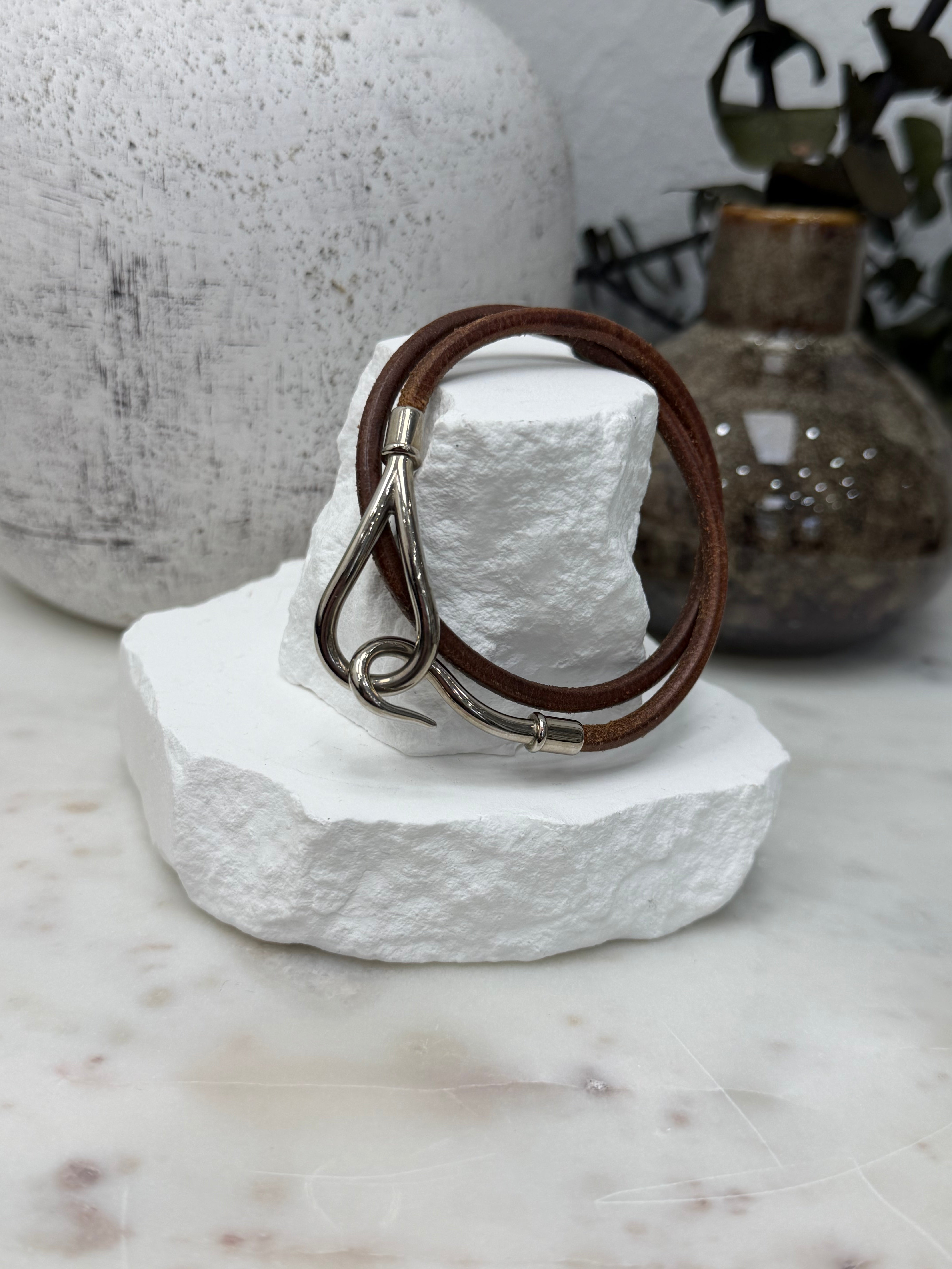 Hermes Vintage Brown Leather Silver Jumbo Hook Double Tour Bracelet
