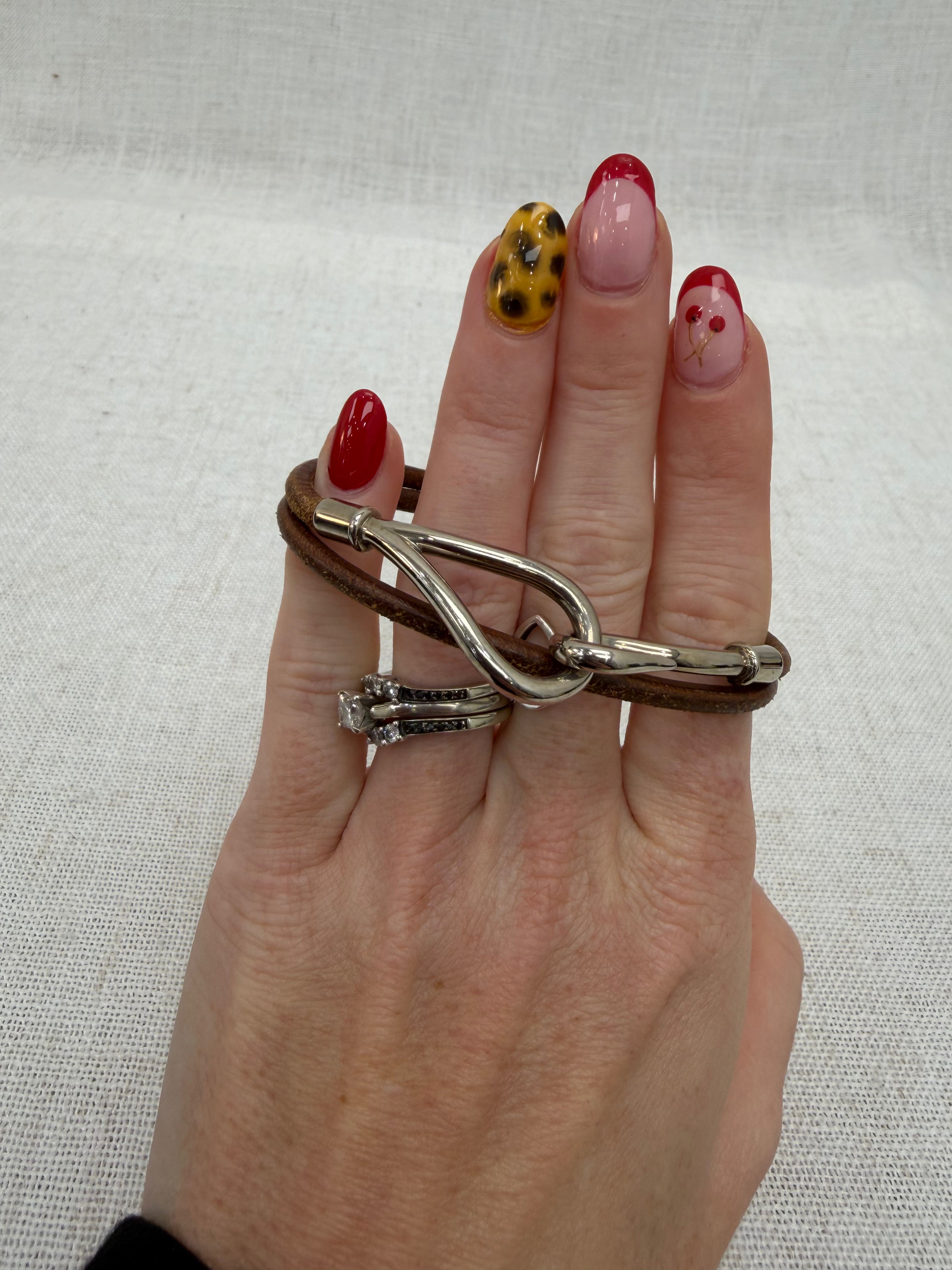 Hermes Vintage Brown Leather Silver Jumbo Hook Double Tour Bracelet