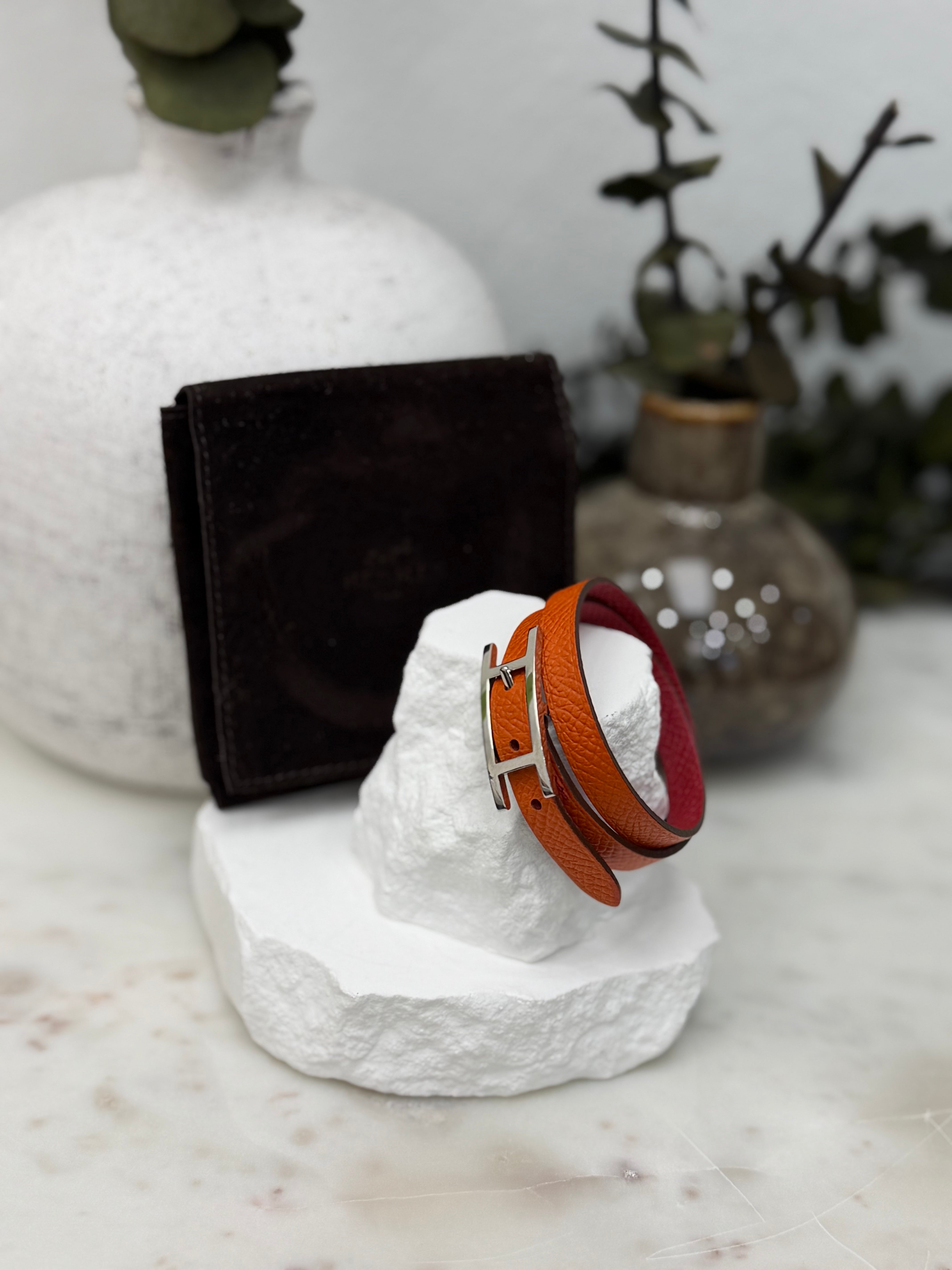 Hermes Vintage Orange & Red Reversible Leather Double Wrap Bracelet
