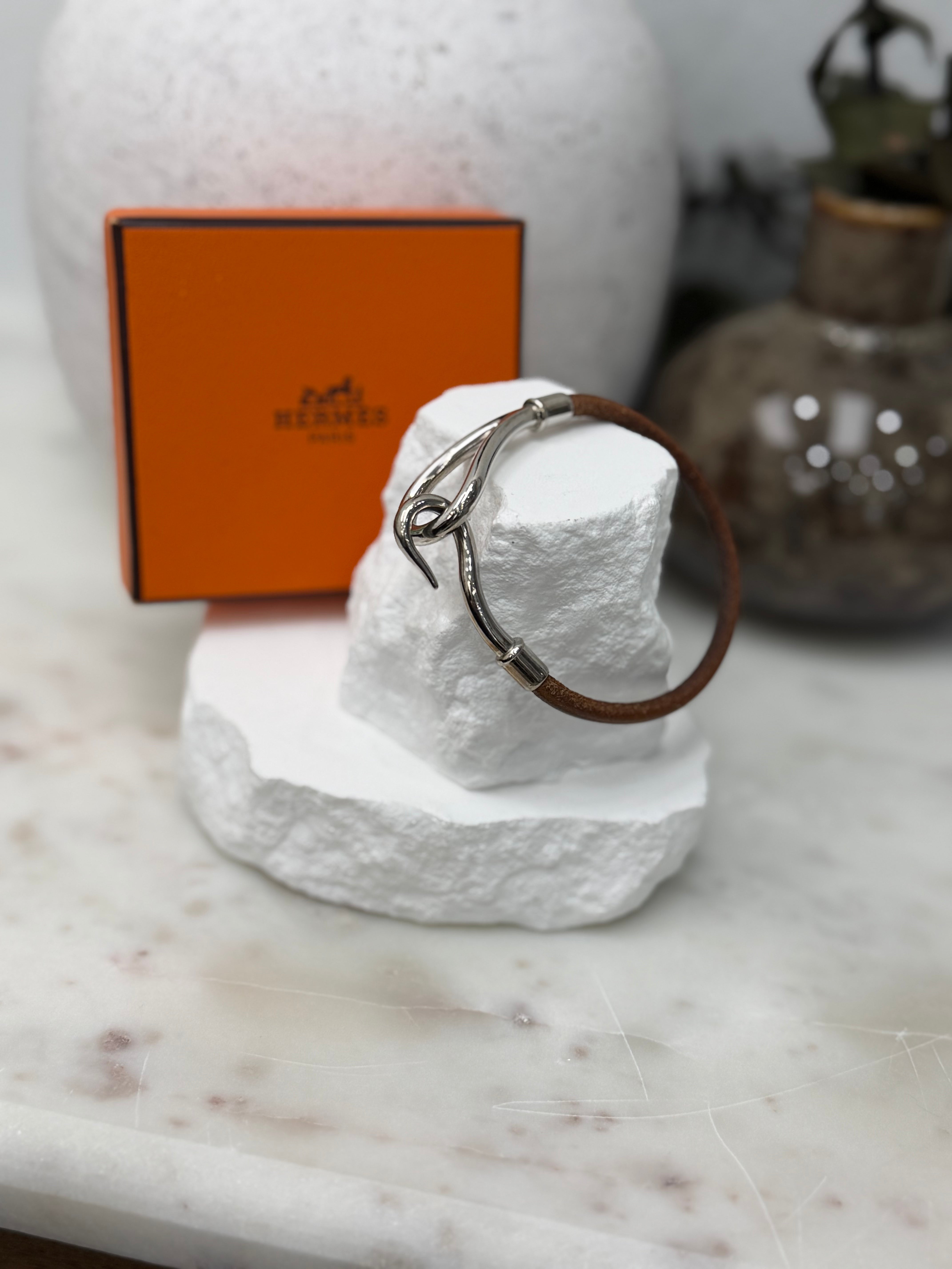 Hermes Vintage Brown Leather Silver Jumbo Hook Bracelet