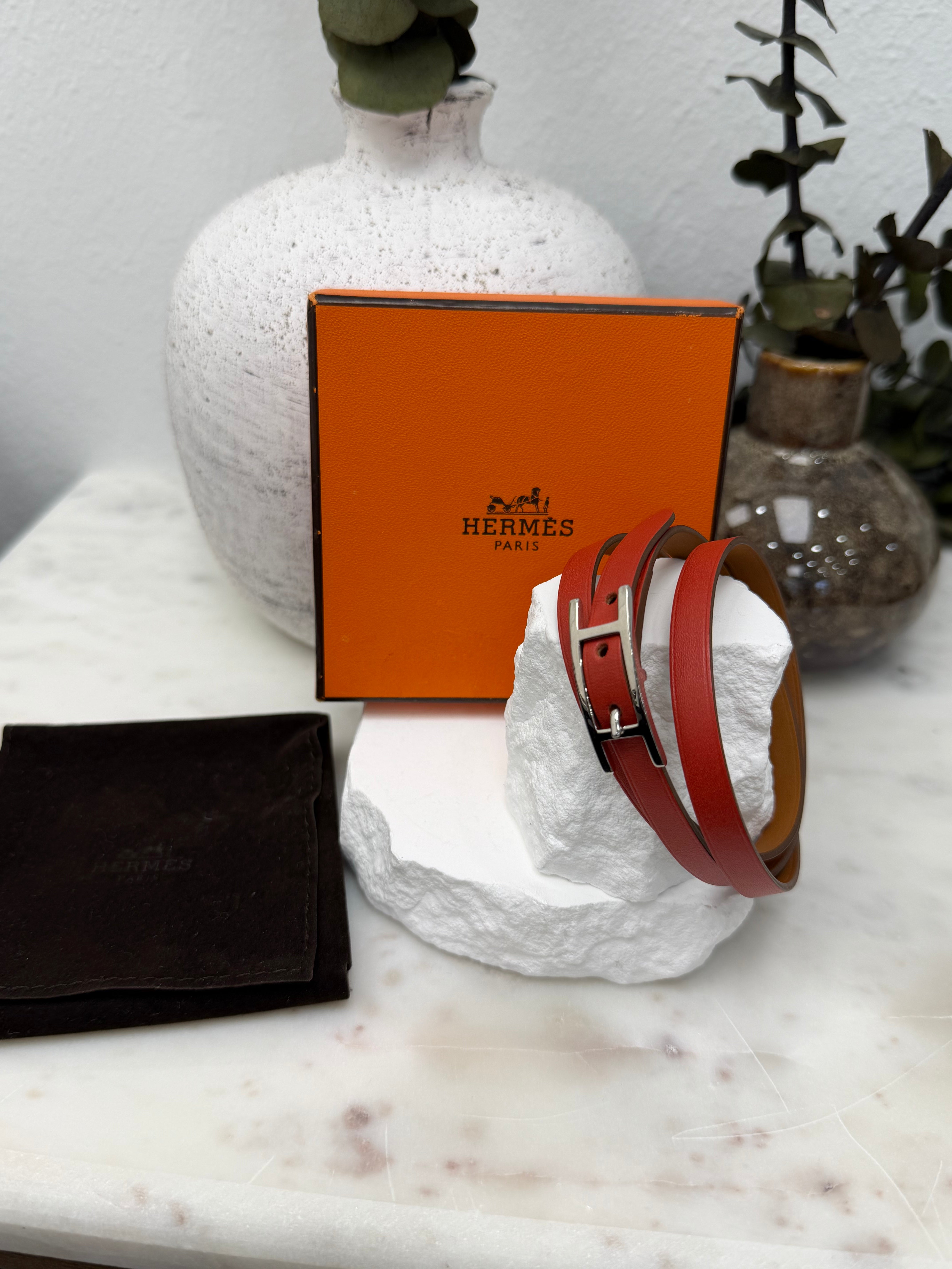 Hermes Vintage Coral Leather Behapi Wrap Bracelet