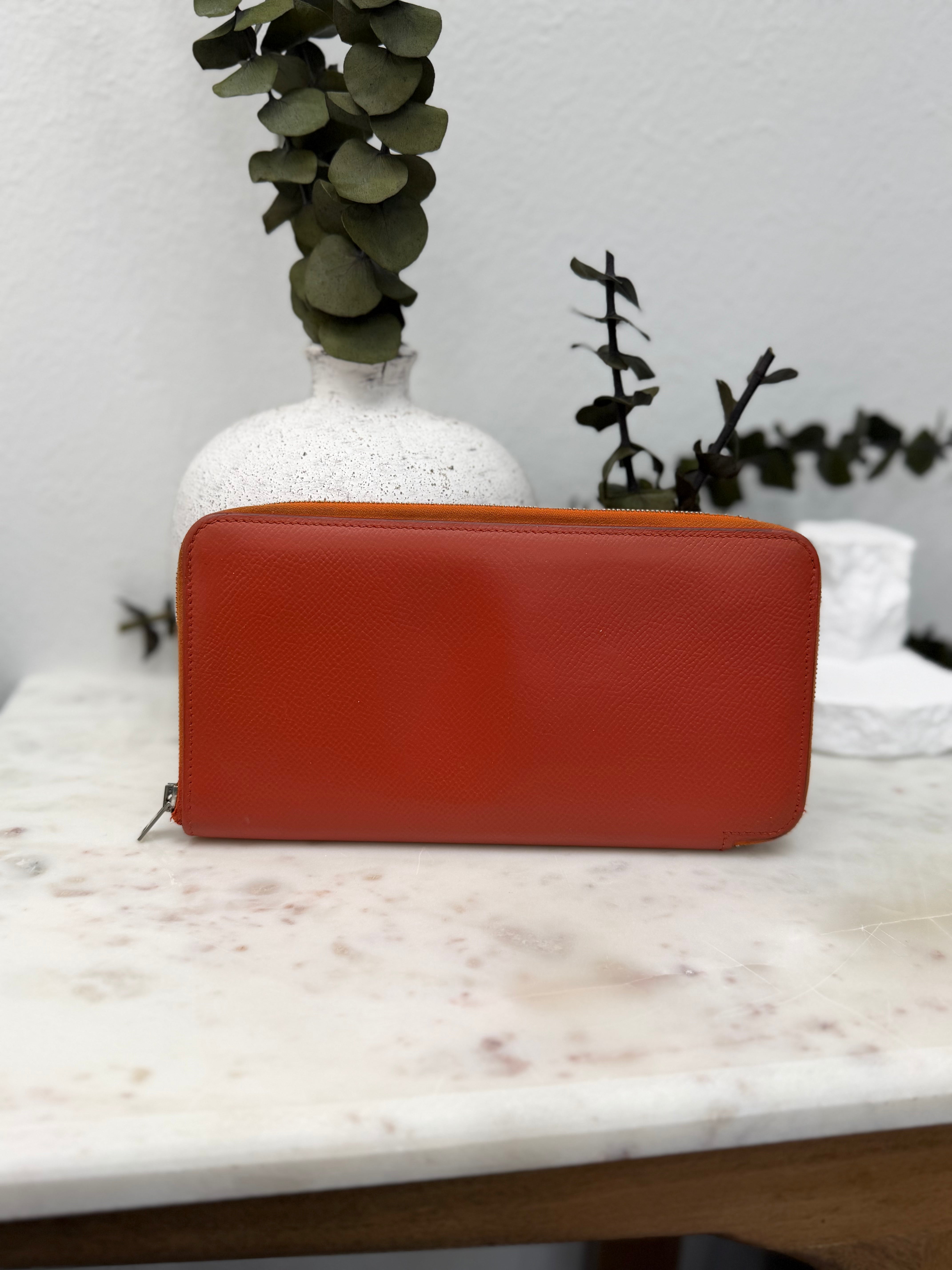 Hermes Orange Epsom Leather Silk In Zippy Wallet