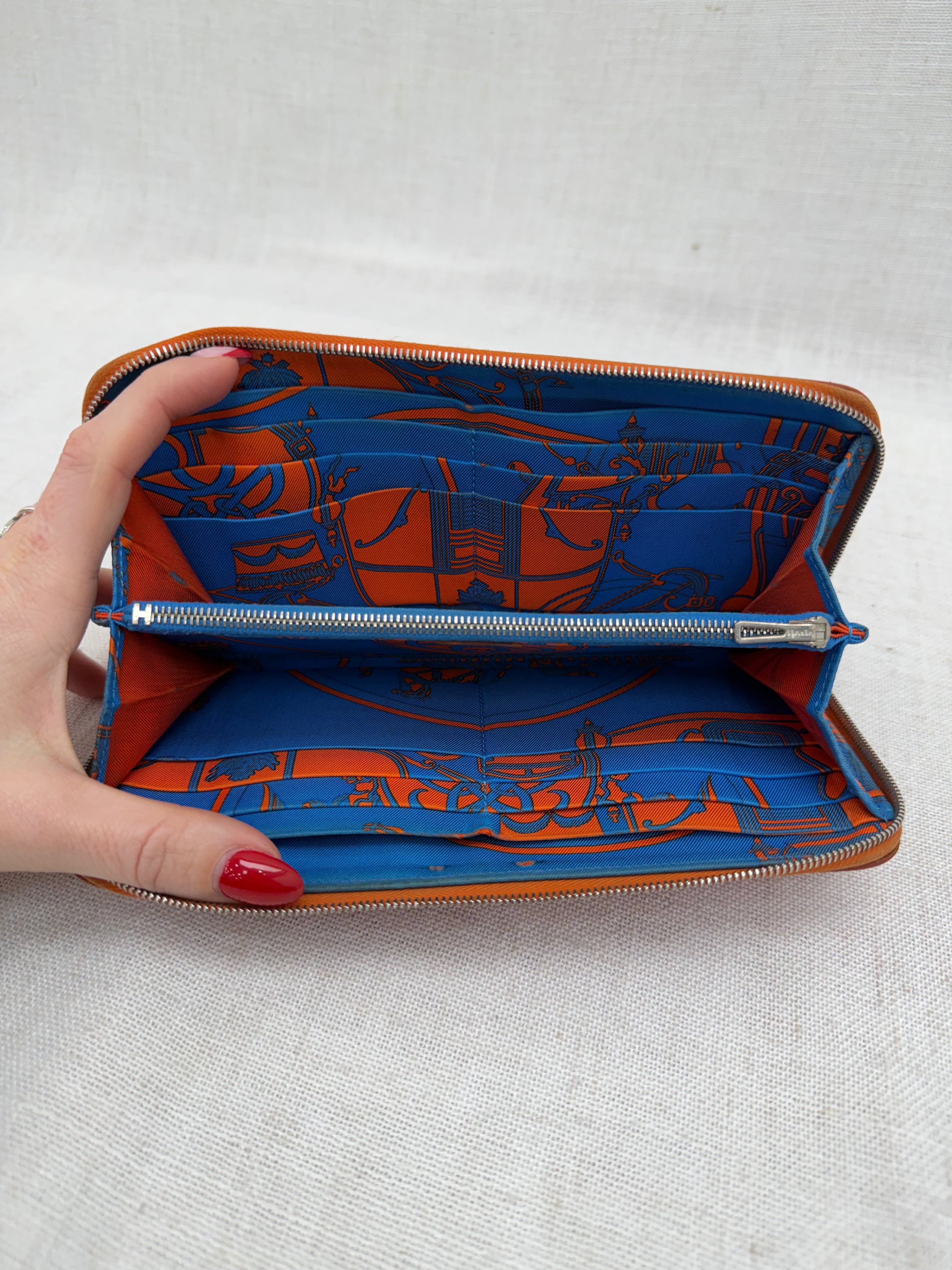 Hermes Orange Epsom Leather Silk In Zippy Wallet