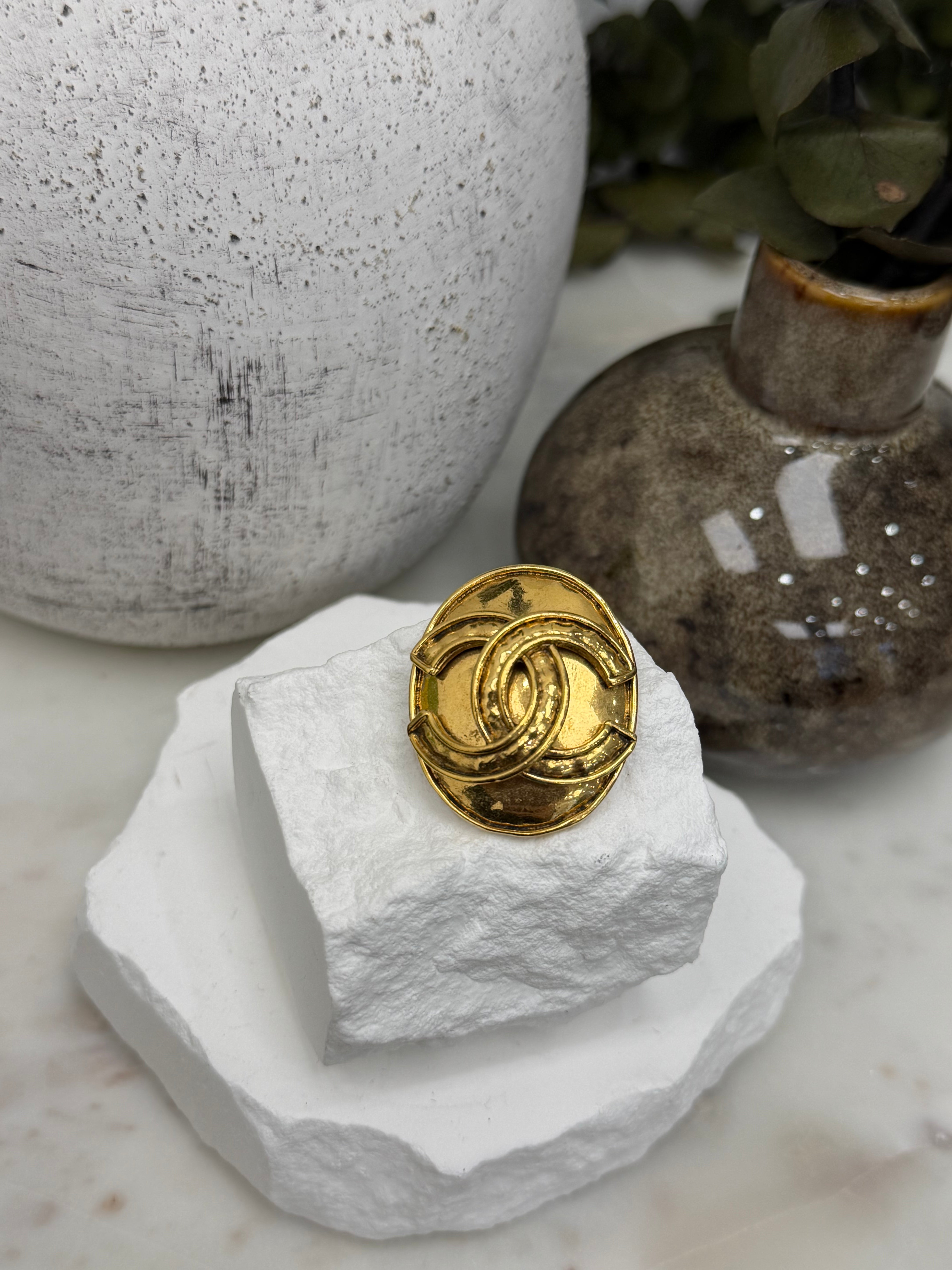 Chanel Vintage Gold Tone CC Oval Brooch