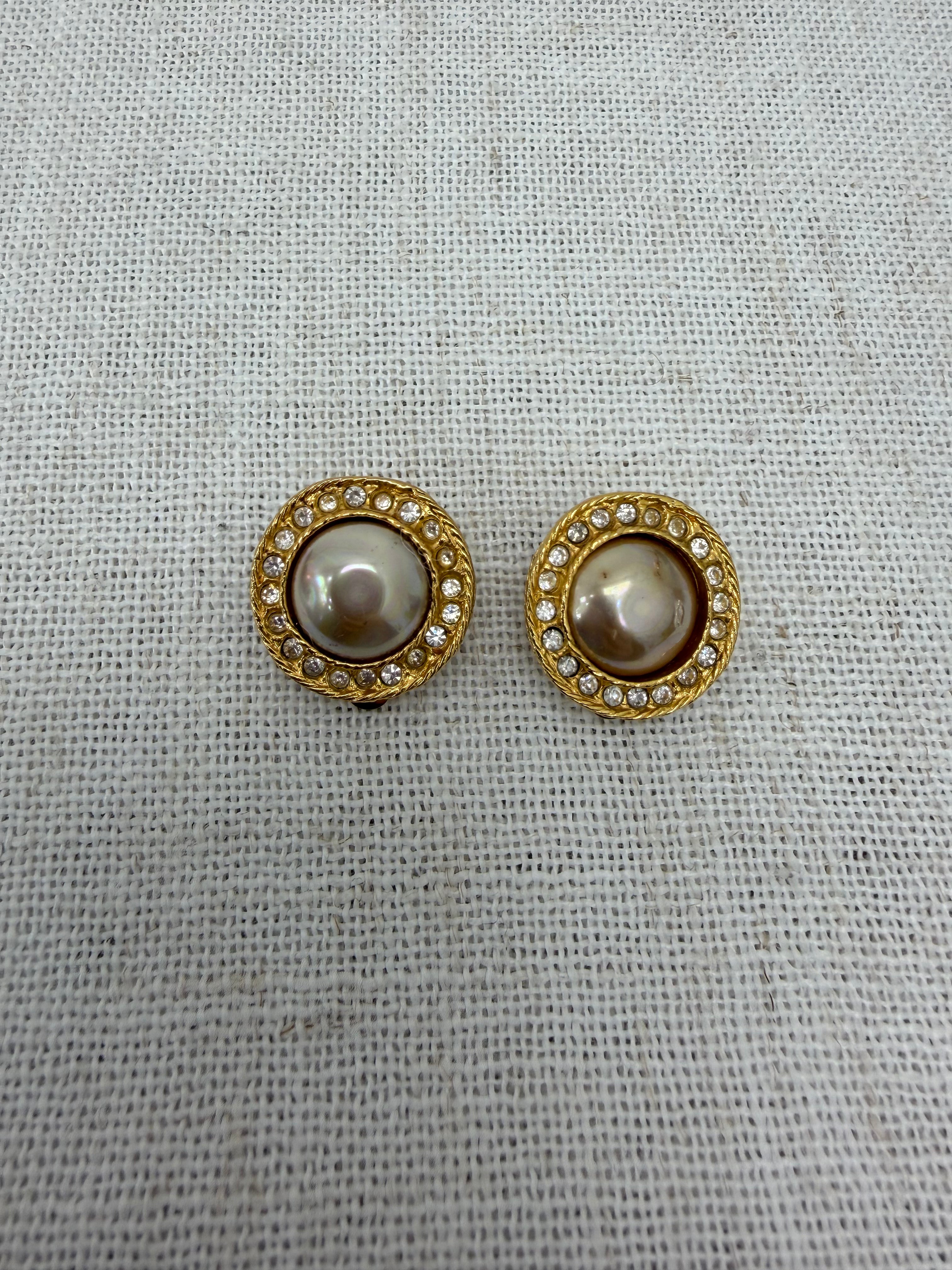 Chanel Vintage Gold Tone Faux Pearl Rhinstone Clipon Earrings