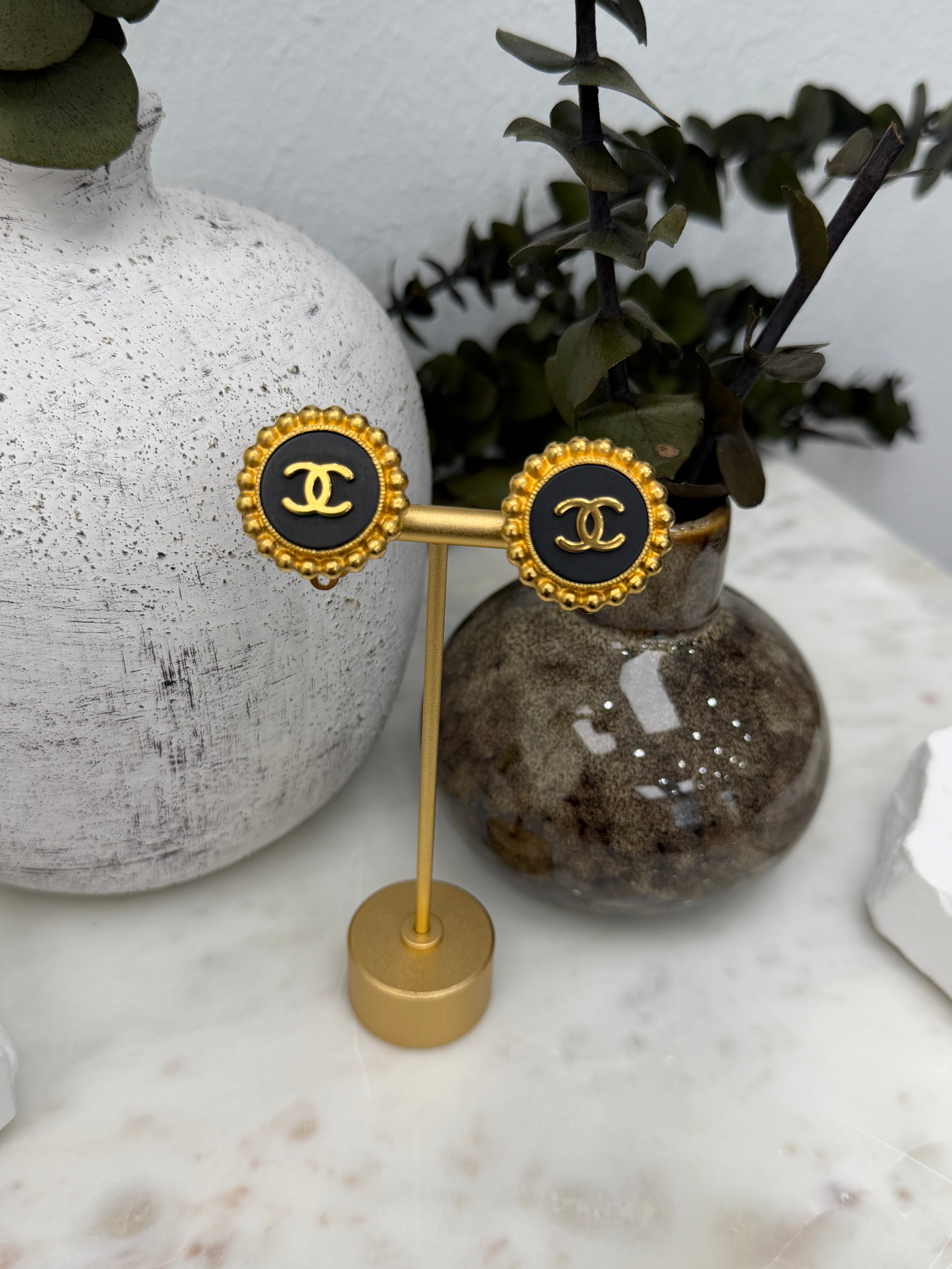 Chanel Vintage Gold Tone CC & Black  Clipon Earrings