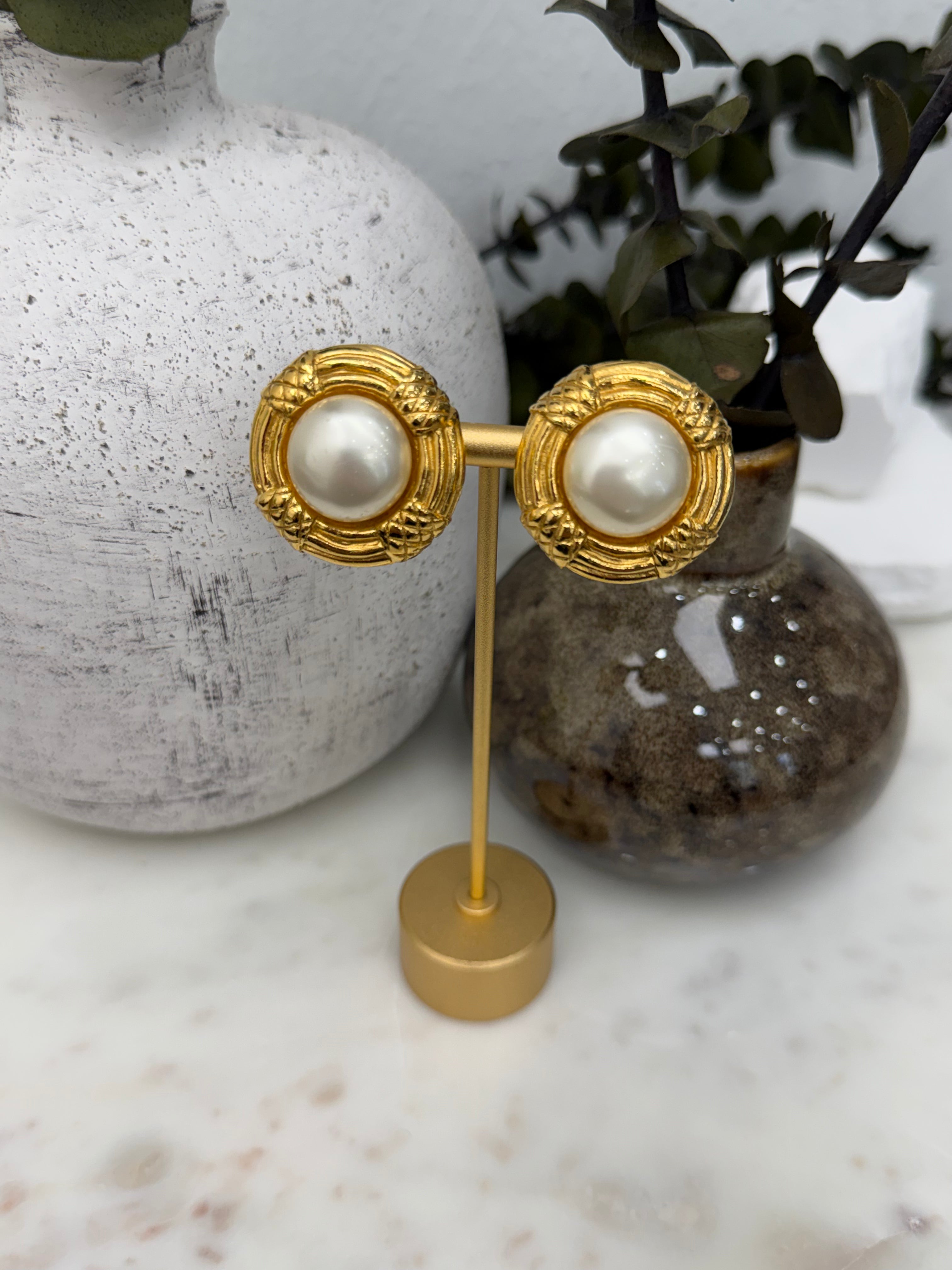 Chanel Vintage Gold Tone Faux Pearl Clipon Earrings
