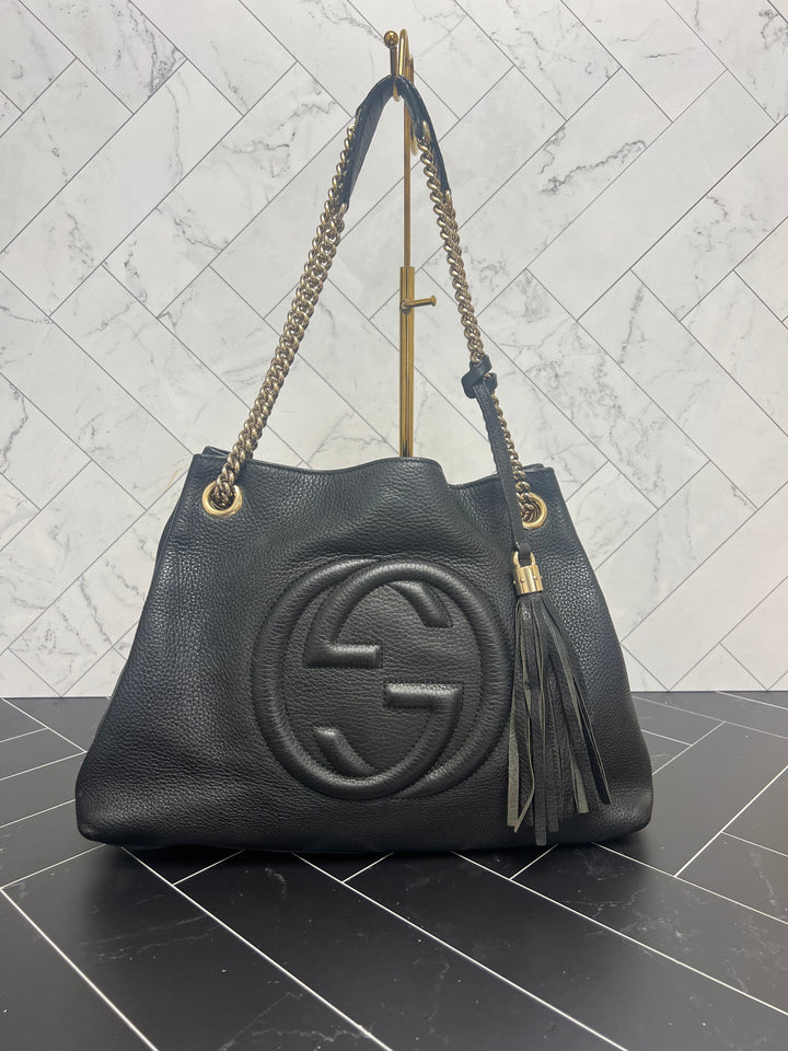 Gucci Black Leather SOHO Double Chain Handbag