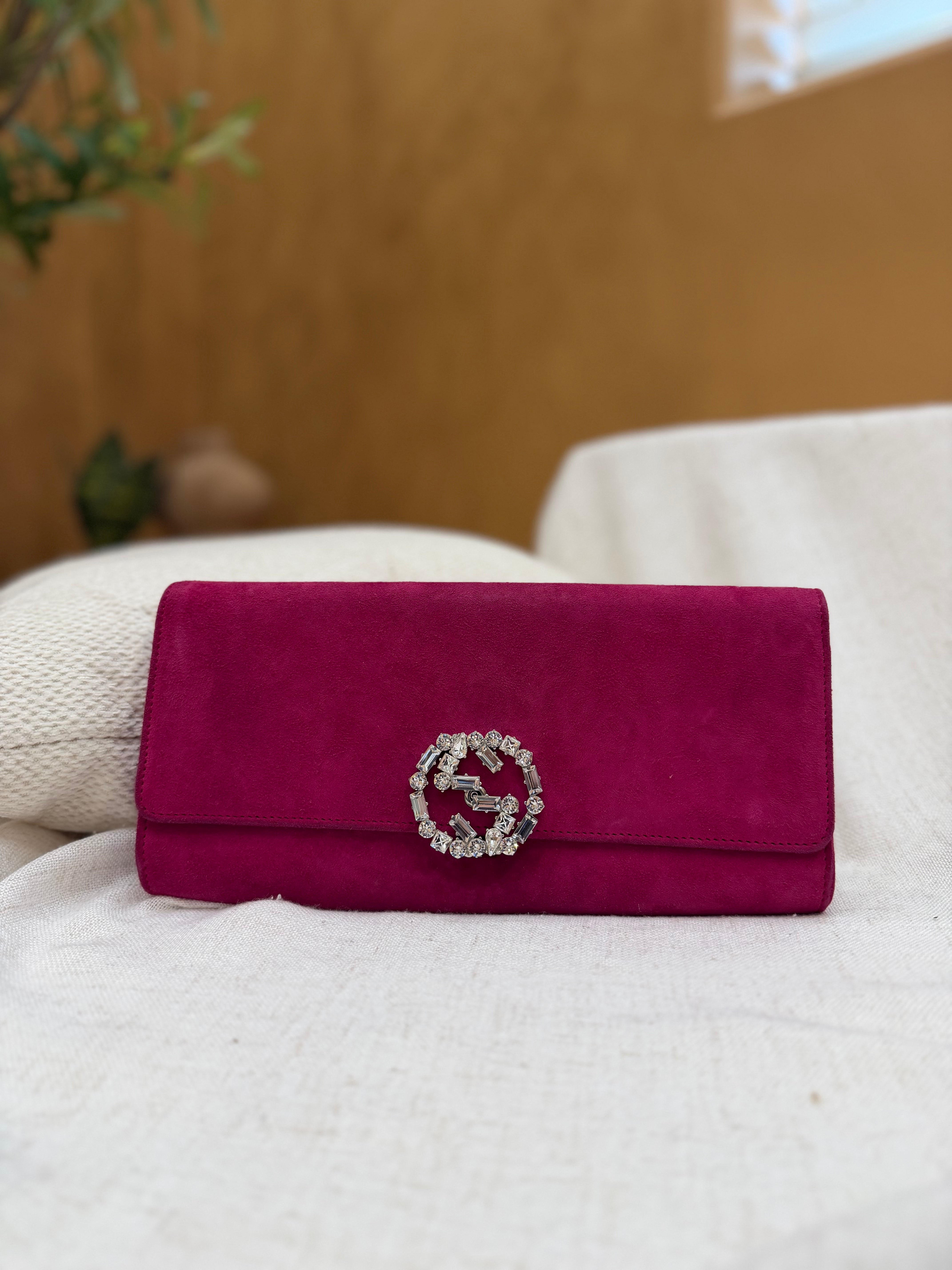 *DONS PRE-DROP*  Gucci Raspberry Suede Interlocking Crystal G Clutch