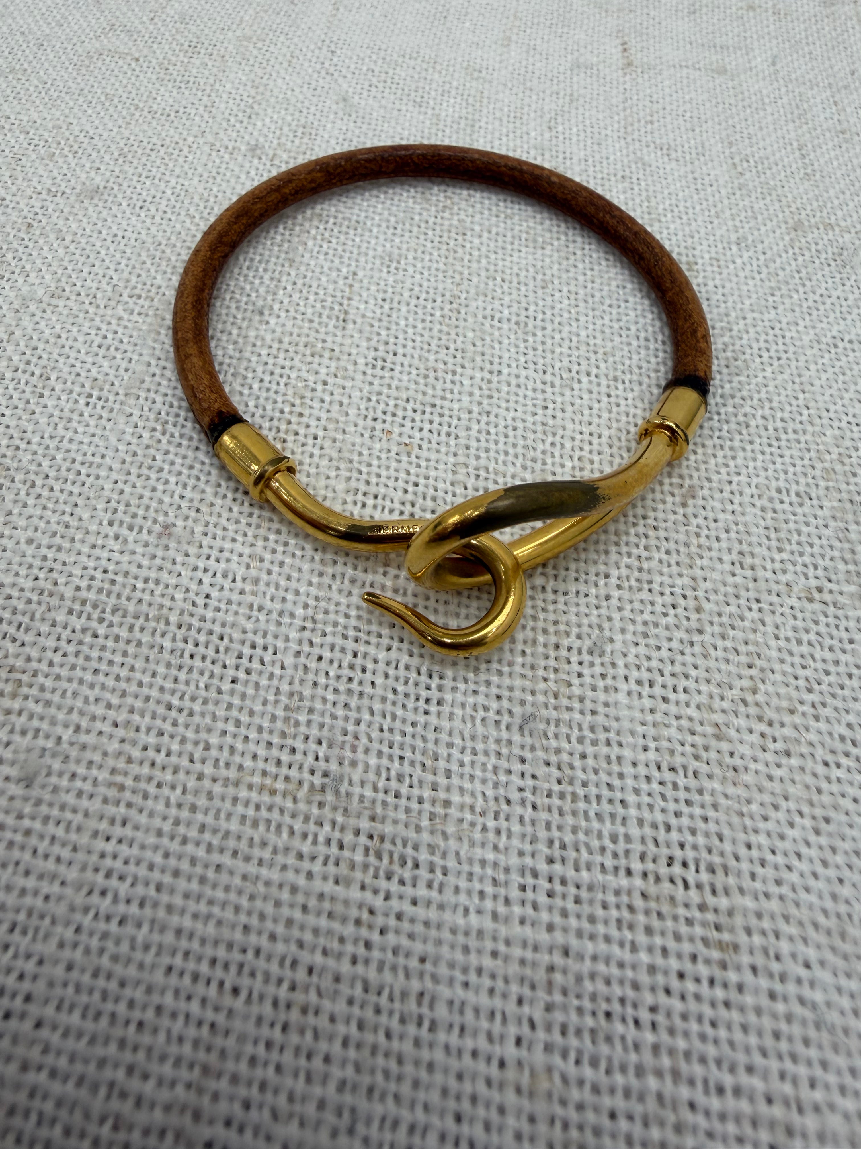 Hermes Vintage Brown Leather Gold Jumbo Hook Bracelet