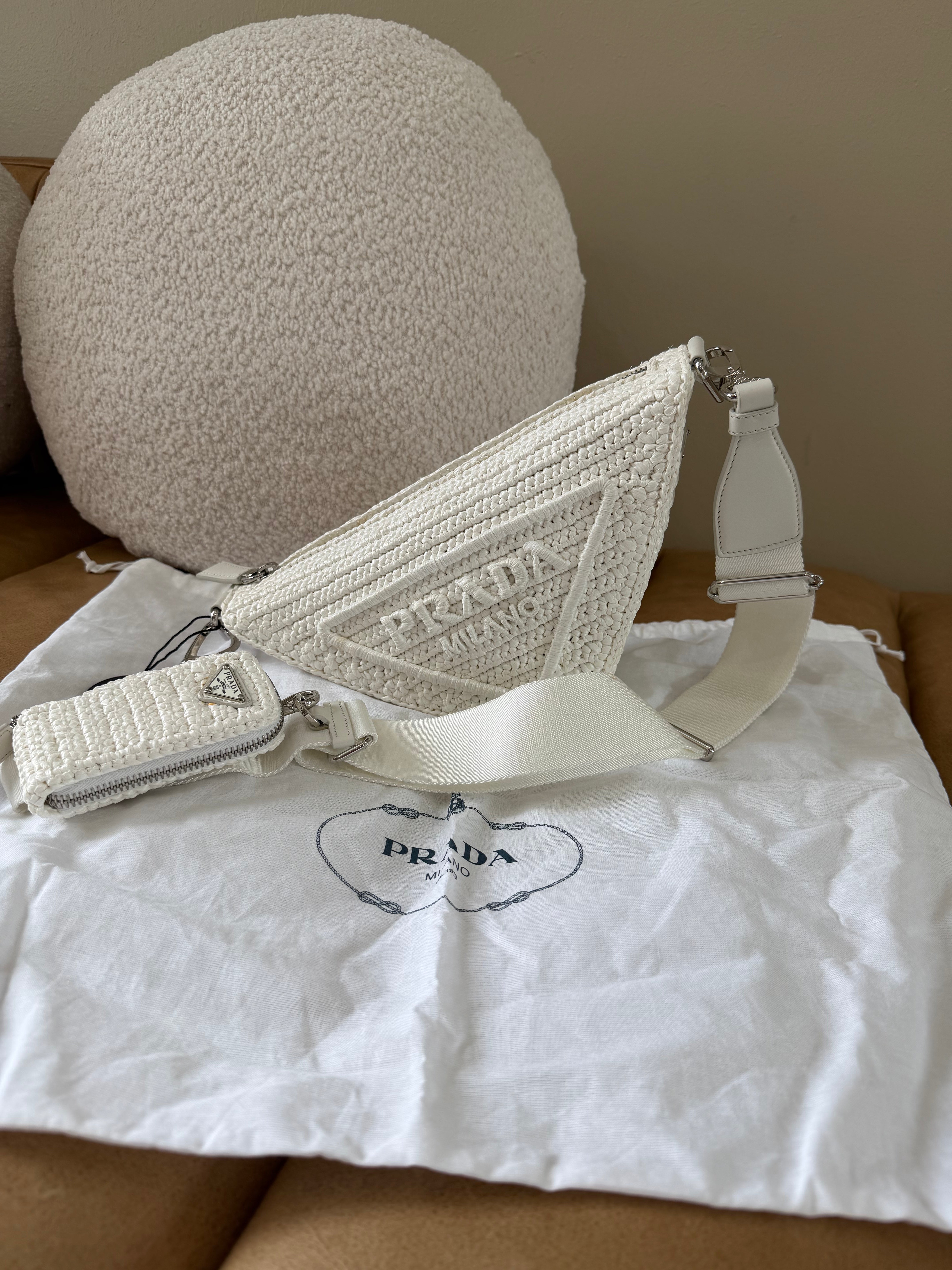 BRAND NEW- Prada White Raffia & Crochet Effect Triangle Crossbody