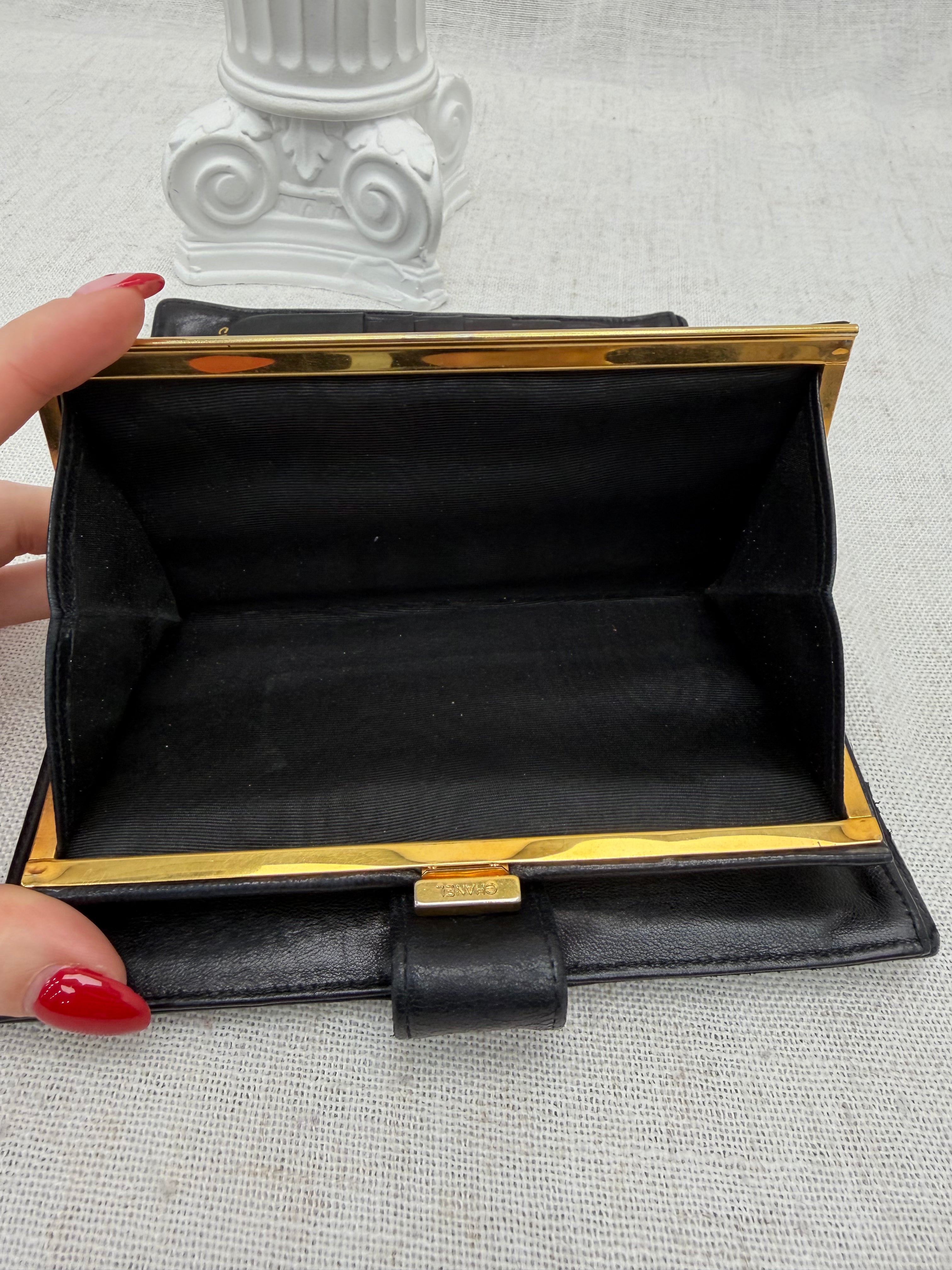 Chanel Black Leather Kisslock Long Wallet