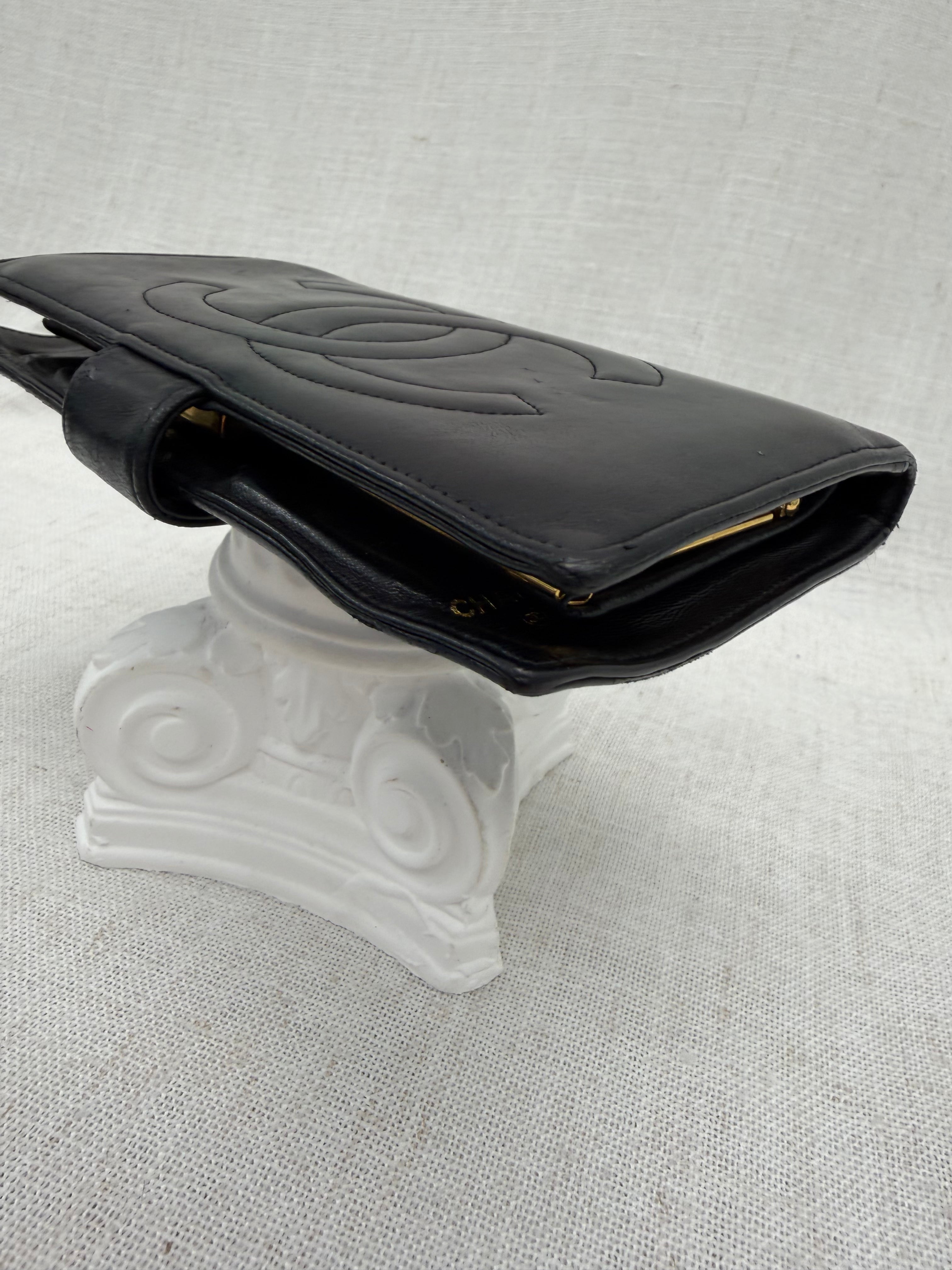 Chanel Black Leather Kisslock Long Wallet